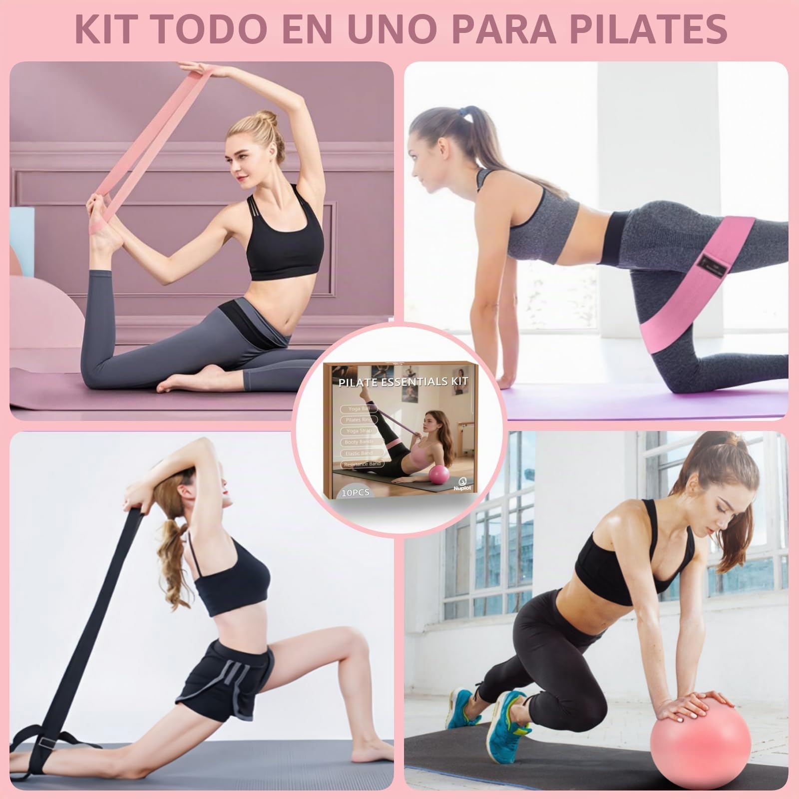 Nuplot Kit esencial de pilates para mujer, mejor kit de yoga y pilates para entrenamientos en casa con anillo de pilates y juego de pelota, bandas de glúteos, banda de resistencia figura 8, bandas de