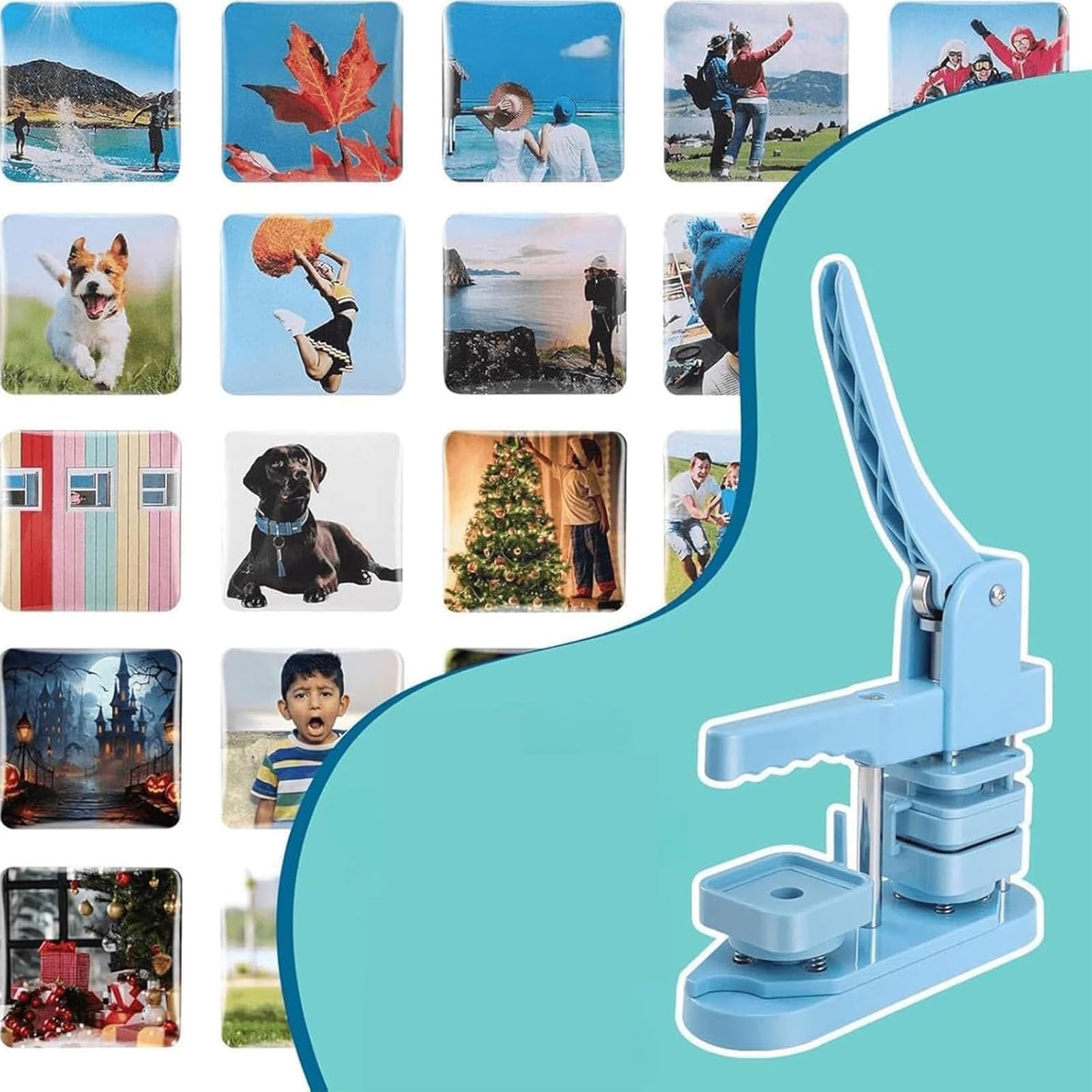 Maquina De Pins, Maquina Chapas Personalizadas Kit, 50x50mm Máquina De Imán Fotográfico, Cuadradas Máquina Para Hacer Imanes De Nevera, 100 Juegos De Suministros, Ideal Para Fiestas, Eventos
