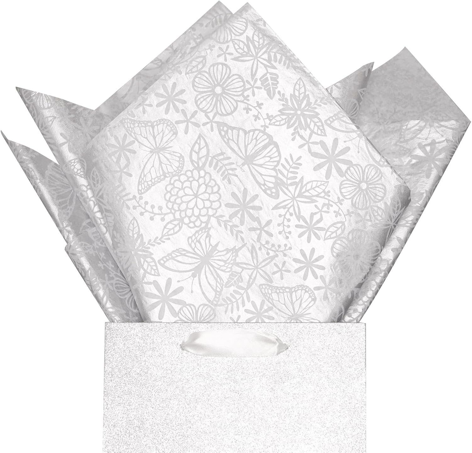 PAPER FAIR 60 Sheet Metallic Silver Foil Lace Floral Tissue Paper 20 x 20inch Wedding Wrapping Paper, DIY Craft Art Paper for Gift Bag Box Packing, Baby Shower, Christmas, Birthday Party Favor