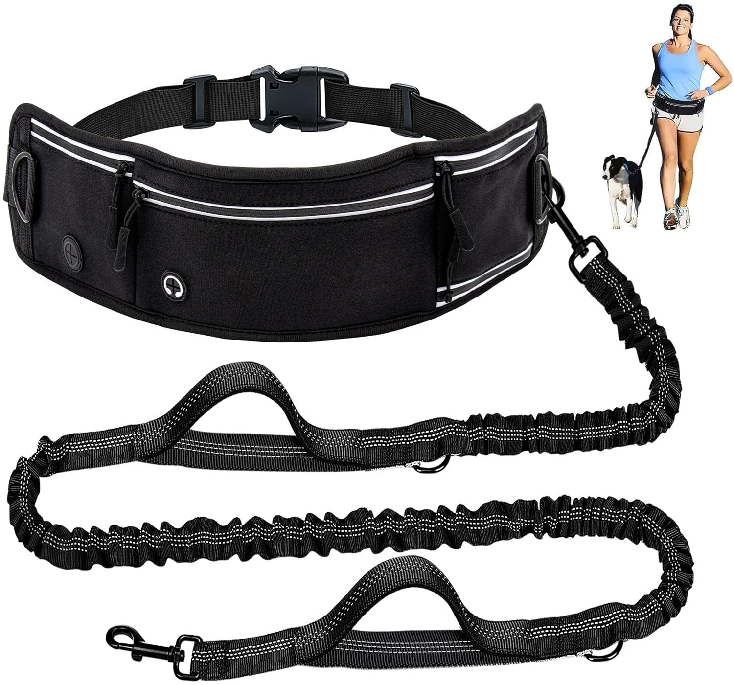 Hands Free Dog Leash with Waist Bag for Large Dog Walking, Shock Absorbing Bungee Leash with Zipper Pouch for Running, Dual Padded Handles & Adjustable Waist Belt