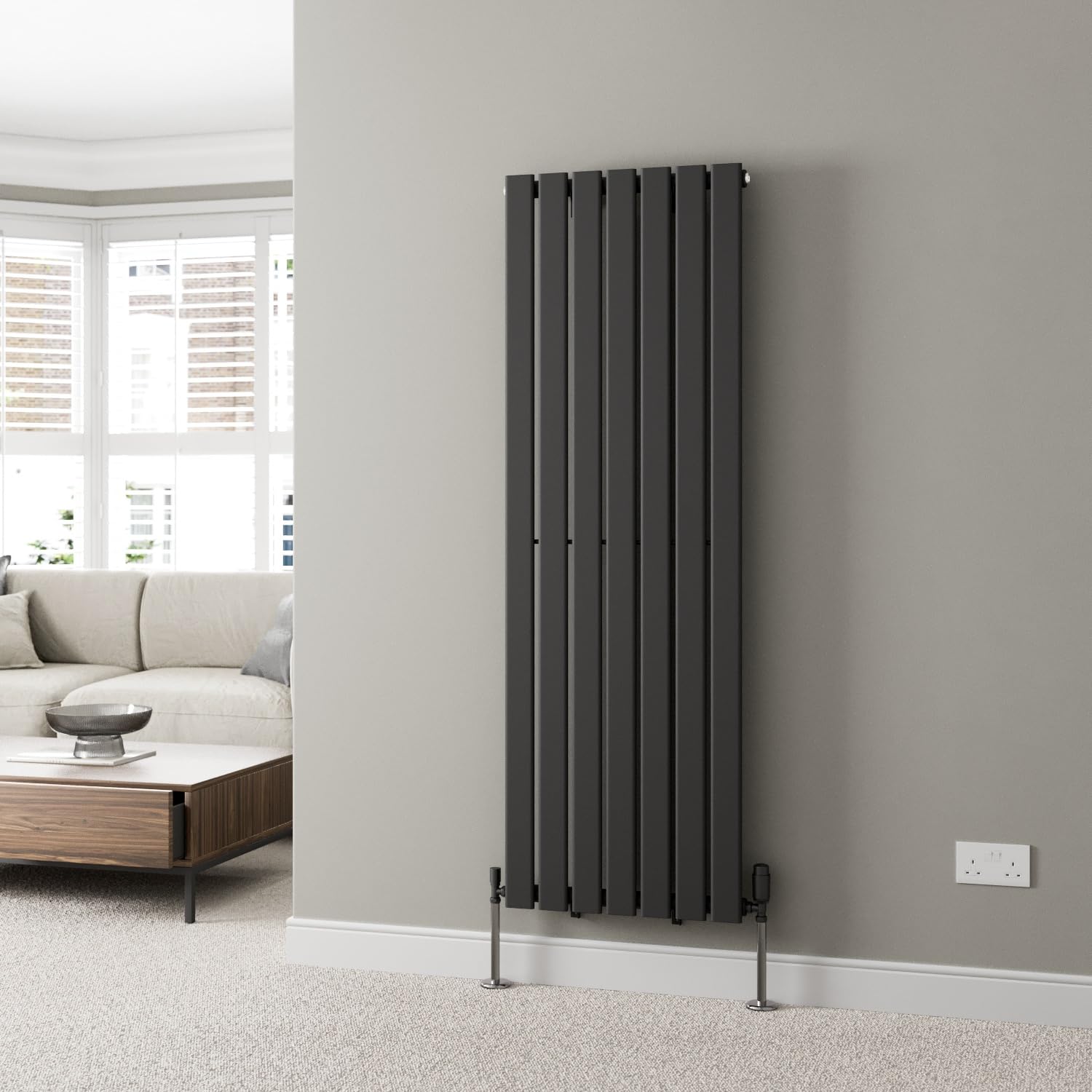 DuraTherm® 1600 x 528mm Black Vertical Designer Radiator Single Column Flat Panel Modern Central Heating Panels Bathroom Radiators