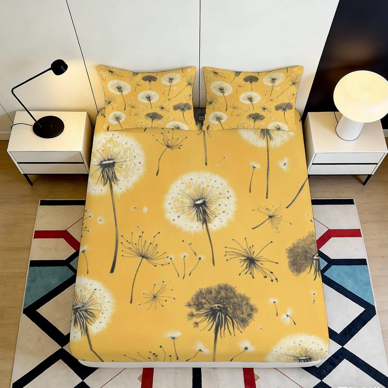 3D Printed Dandelion Meadow Fitted Sheet Microfiber Yellow Floral Bed Cover for Bedroom Guest Room Mattress Decor 90x200x25cm