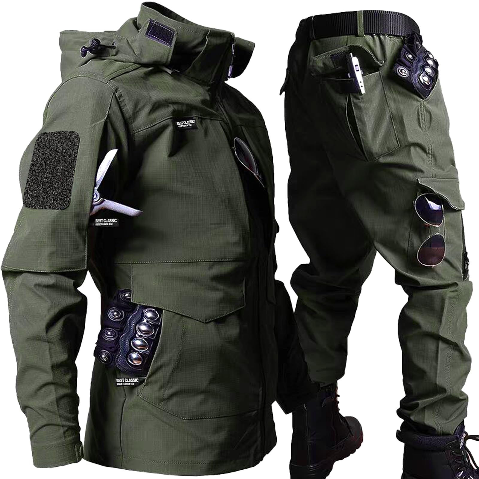 Mens Military Uniform Set Detachable Hooded Tacitical Jacket and Pants Suit Hunting Paintball Airsoft Costume Gear