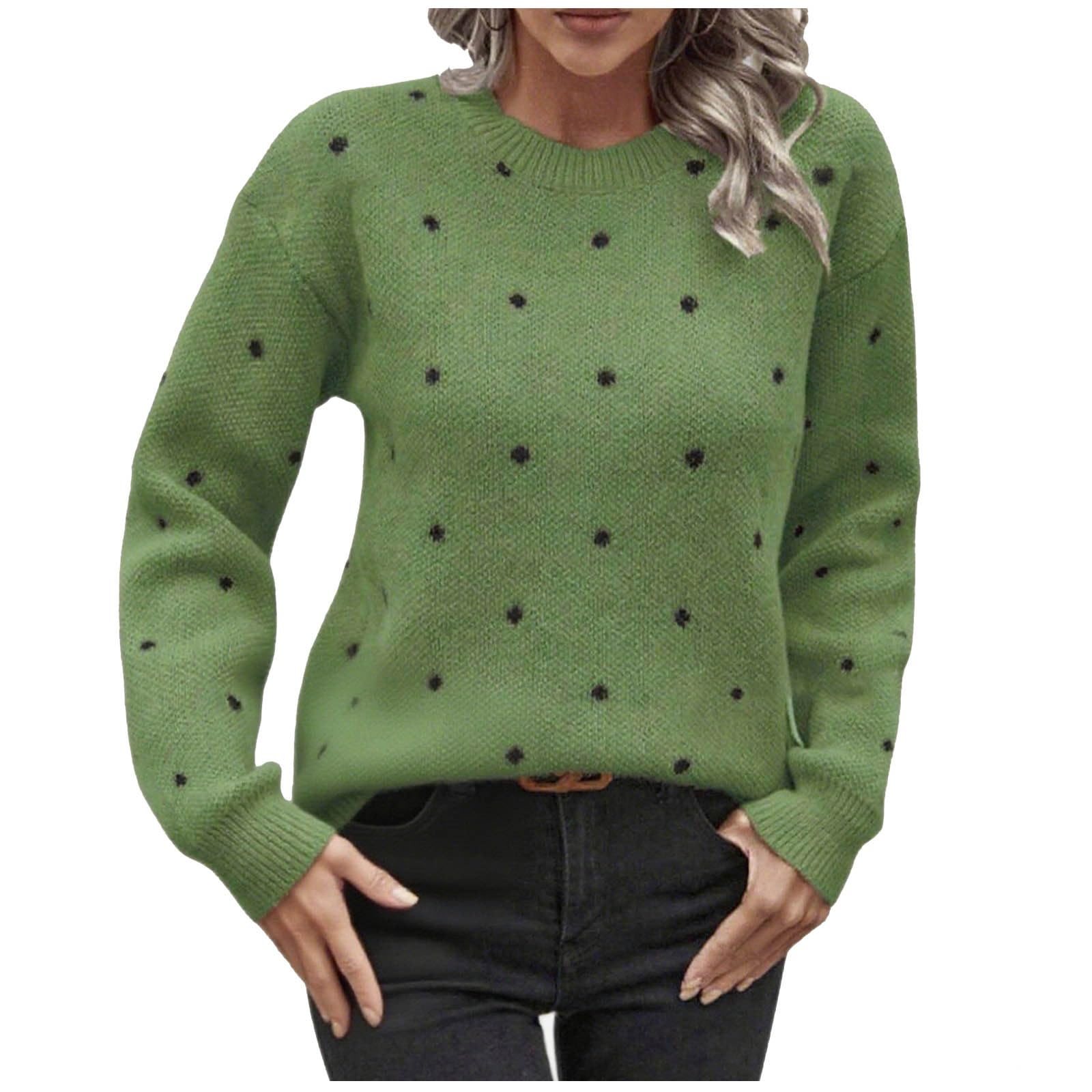 Womens 2025 Fall Polka Dot Knit Sweater Oversized Casual Crew Neck Long Sleeve Winter Pullover Sweaters Jumper Tops