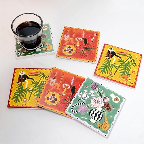 SAMCAM Juego de 6 posavasos de bar, absorbentes de 4 pulgadas con superficie de cerámica y base de corcho, juego de posavasos artísticos para