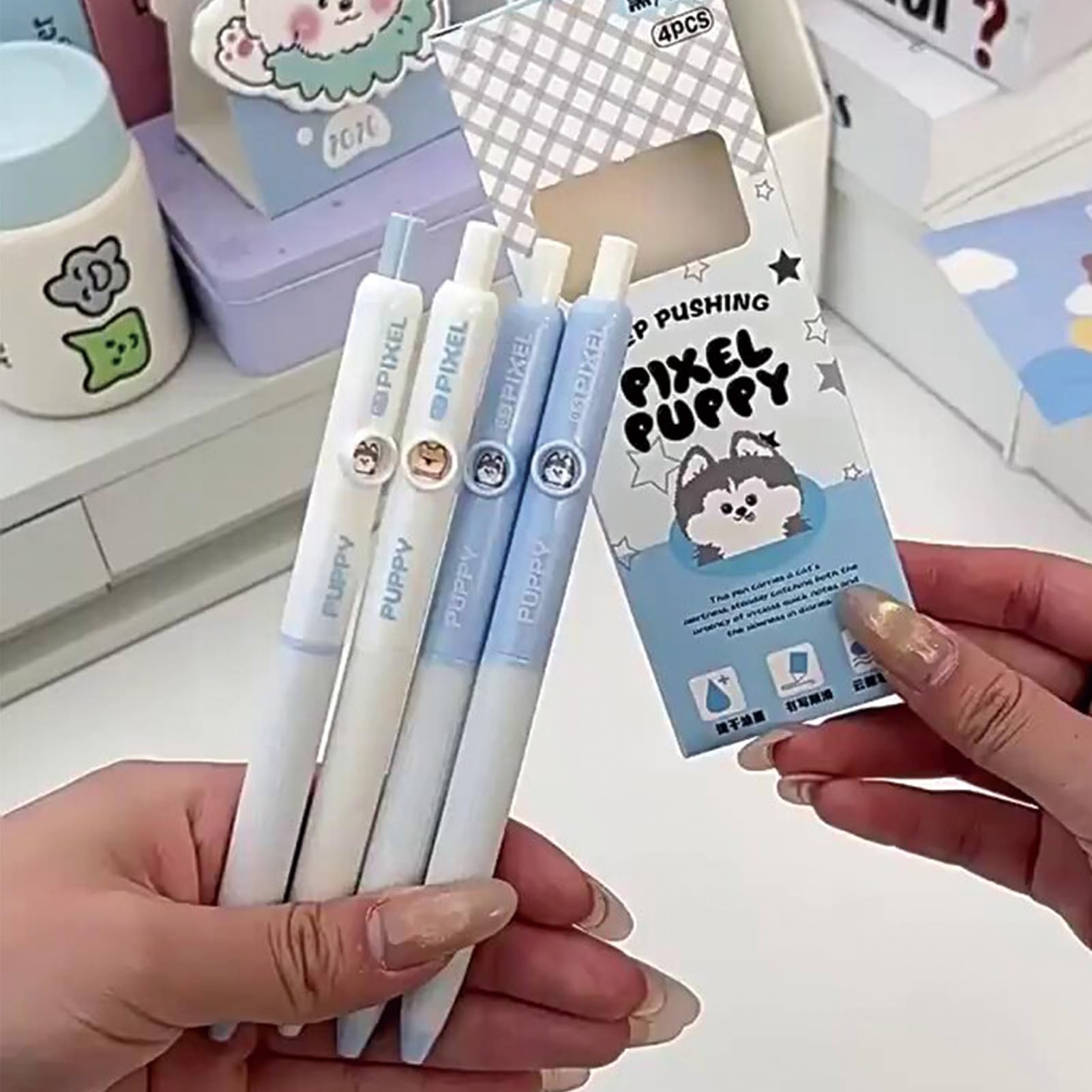 MOZXIRZ 4 penne gel retrattili a forma di cane carino, 0,5 mm, inchiostro nero, penne per scrittura per donne e ragazze, penne estetiche per ufficio e scuola (cucciolo)