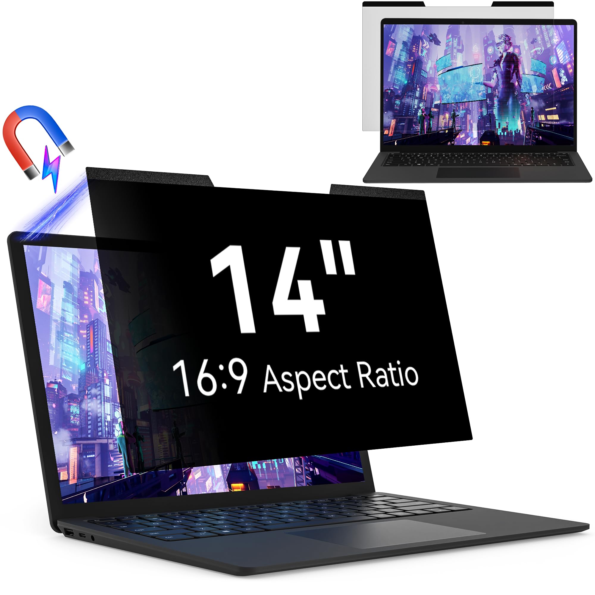 Magnetic 14 Inch Laptop Privacy Screen for 16:9 Computer Monitor, Removable Anti Glare Blue Light Filter Protector, 14 in Privacy Shield Compatible