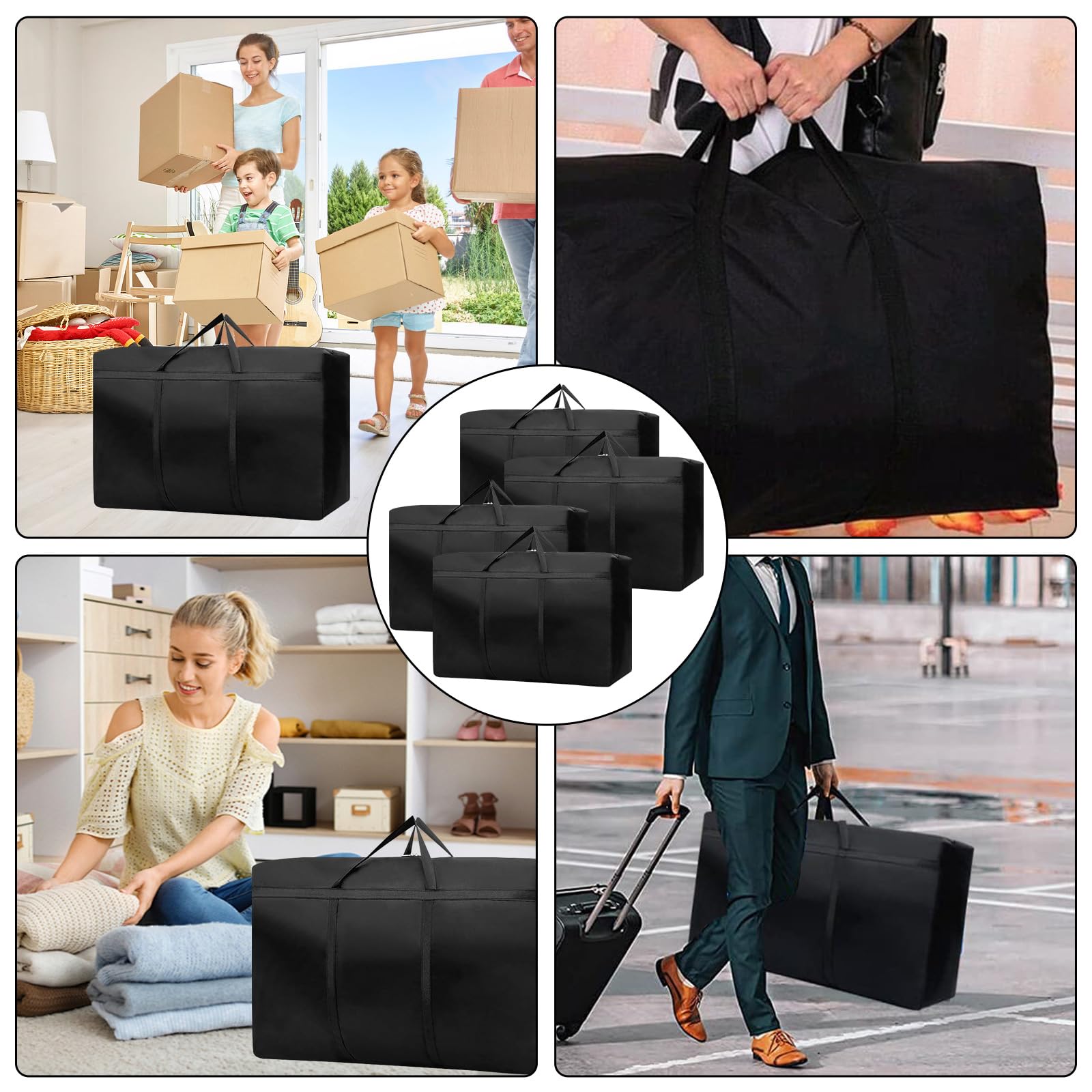 4 sacchetti da 180 l, extra grandi, 600D, Oxford Heavy Duty con chiusura lampo, borsa da viaggio, pieghevole, per coperte, vestiti, biancheria da letto, 100 x 58 x 28 cm