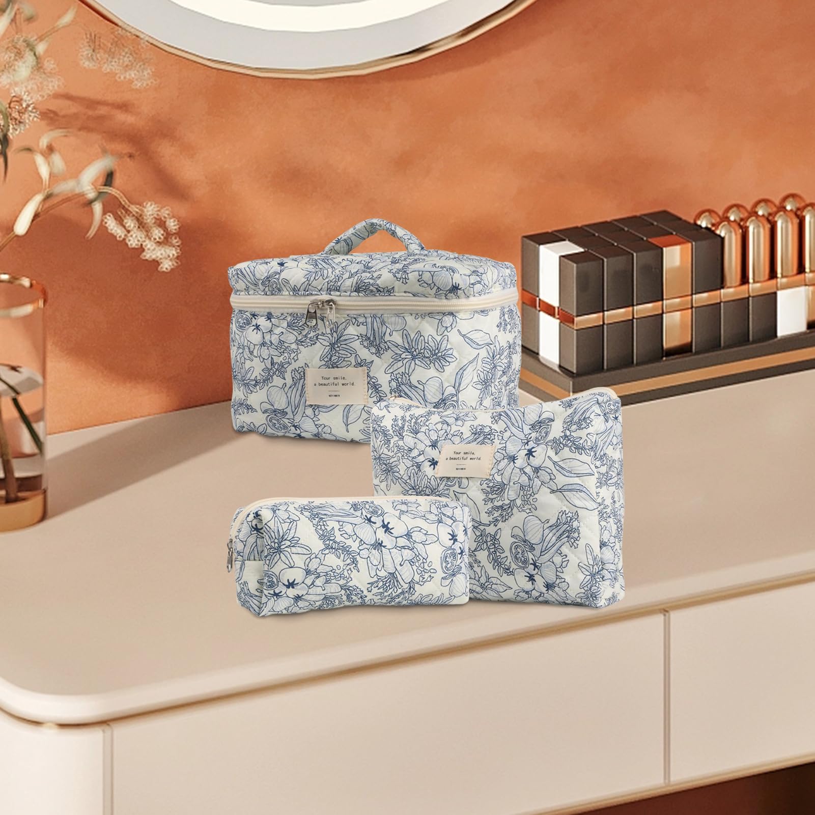 Trousse de toilette – Organiseur de voyage pour cosmétiques, pochette florale en coton pour un emballage facile, essentiels de voyage esthétiques, parfaite pour le maquillage et les articles de