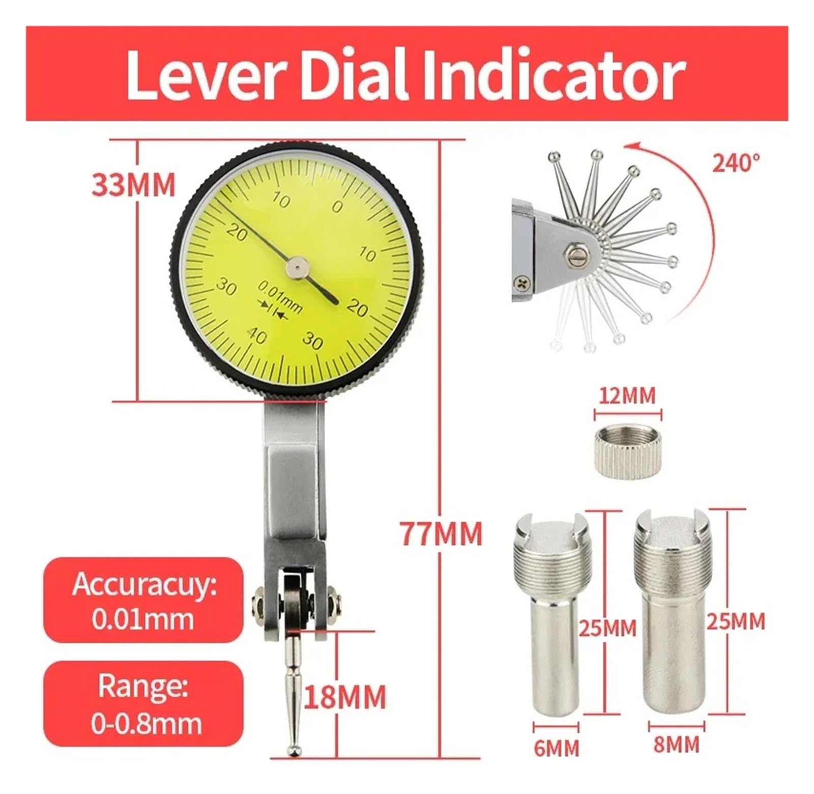 Indicador de Dial de palanca, soporte magnético, sondas de medición, soporte de indicador, Base magnética, comparador, herramientas for relojes, micrómetro, indicador de Dial(Digital Dial 12.7mm)