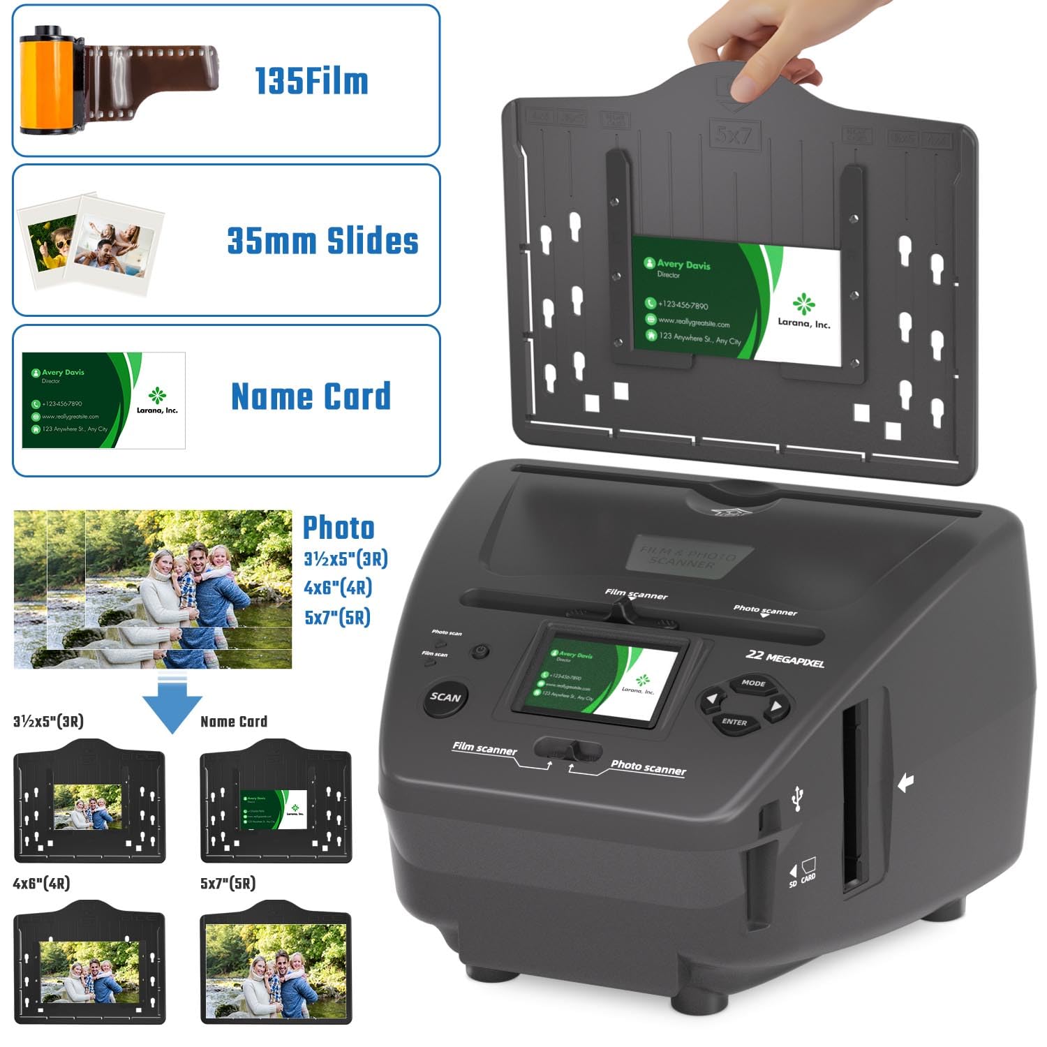 Scanner de films et photos avec écran LCD de 2,4", convertit 135 diapositives de 35 mm/135 films négatifs, photos, cartes de visite en images numériques de 22 MP, carte SD de 4 Go