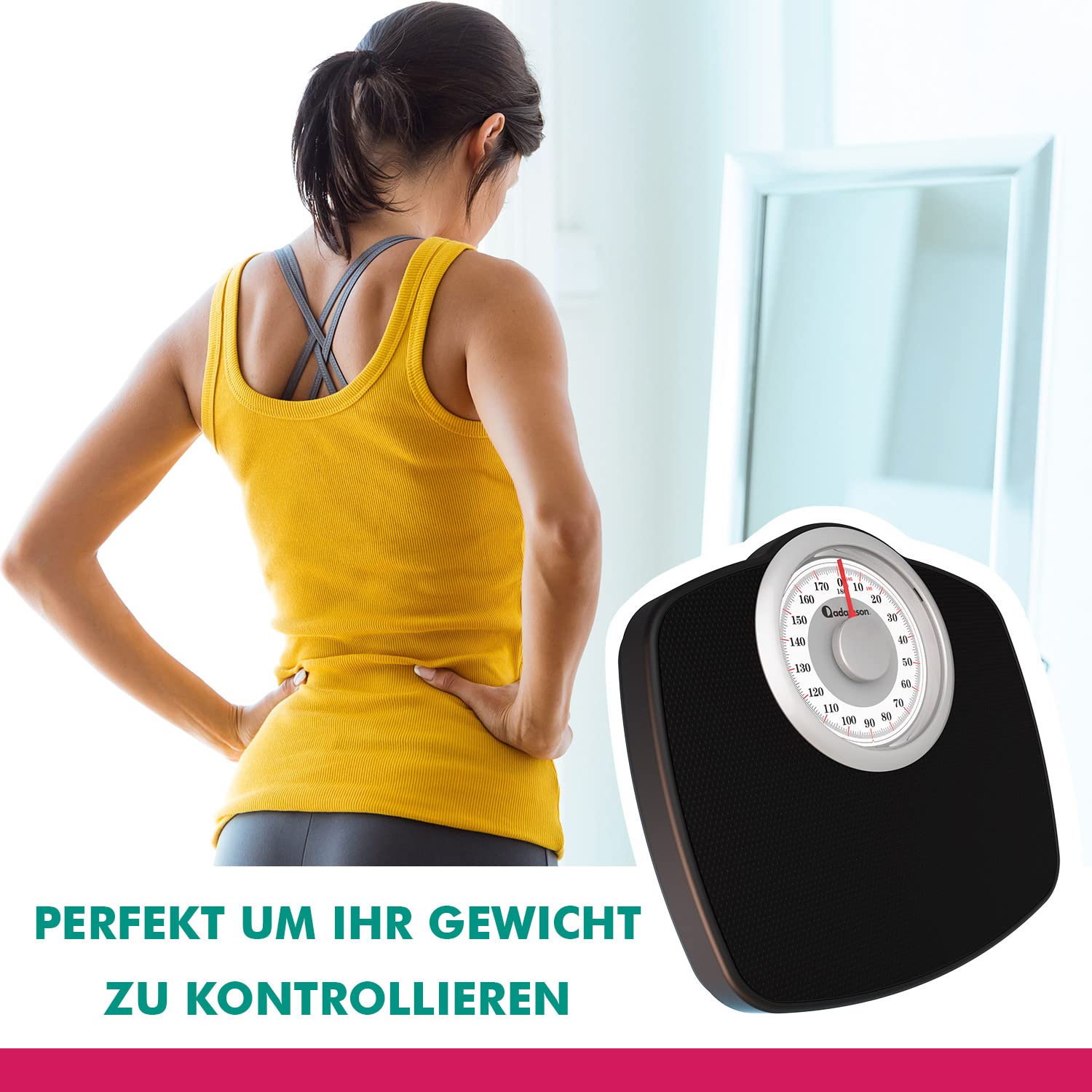 Adamson A25W Analogwaage - NEU - bis 180kg, rutschfeste Gummioberfläche, extra große Ziffern, hochpräzise Personenwaage Analog, langlebig, 20-Jahre Support für Haushalt, Schlafzimmer, Bad