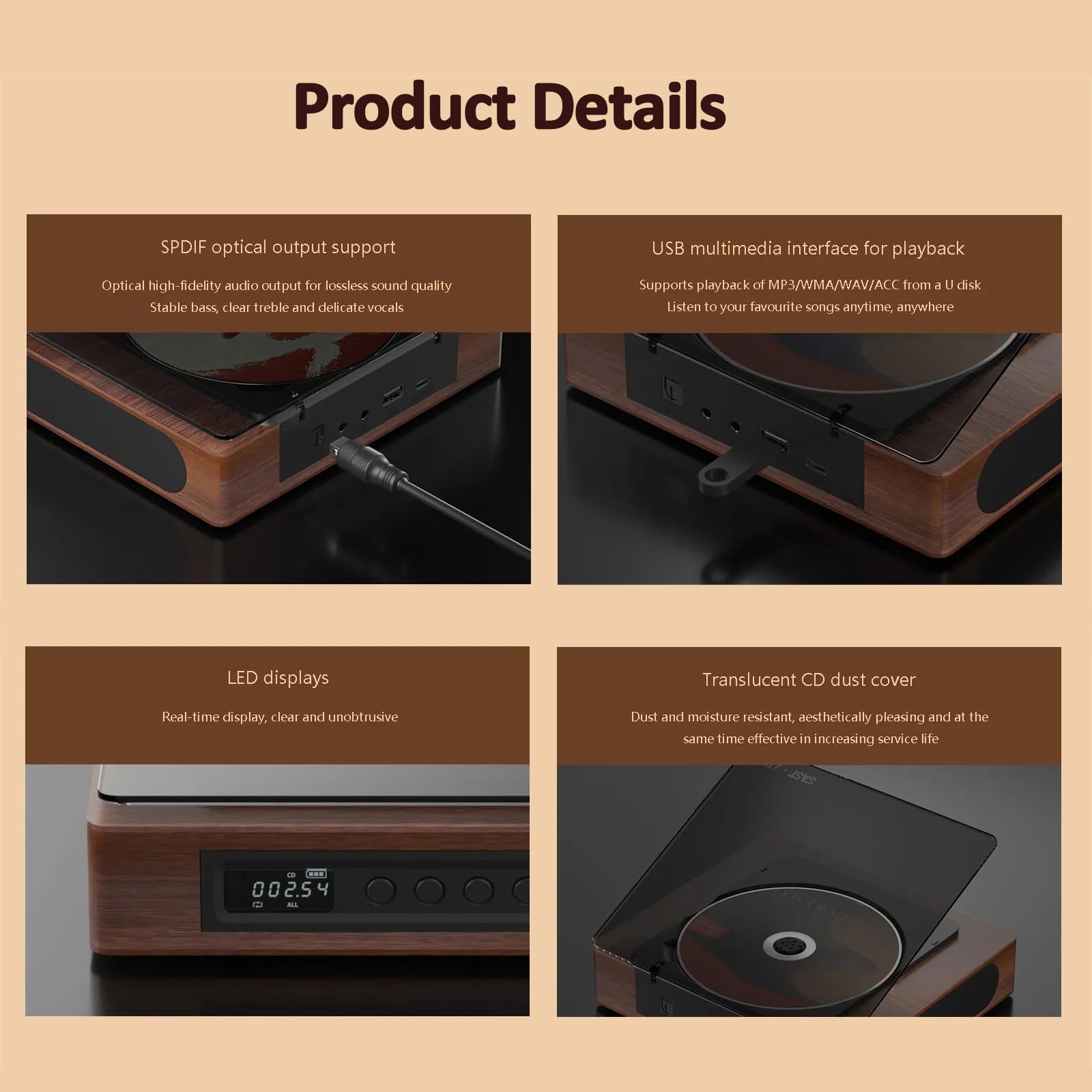 Lettore CD Portatile con Altoparlanti, Lettore CD Bluetooth 5.0 bidirezionale Domestico con Audio Stereo Hi-Fi, Telecomando, Supporta AUX/USB, Jack per Cuffie