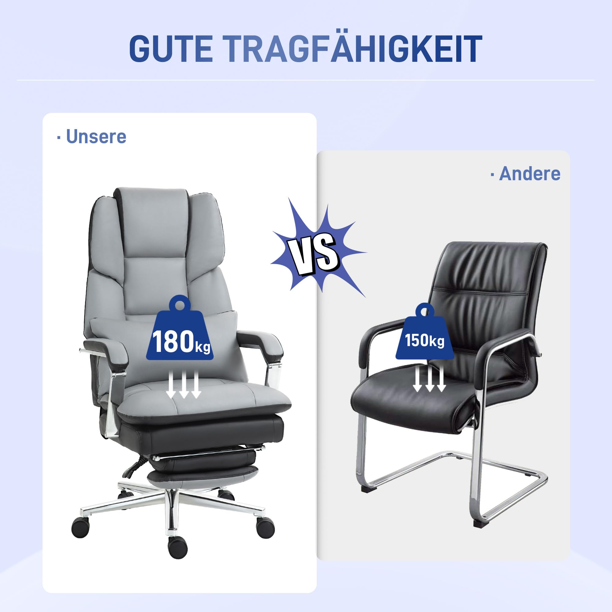HOMCOM Bureaustoel, ergonomische bureaustoel met kantelfunctie, voetensteun, computerstoel met ligfunctie, draaistoel met lendenkussen, tot 180 kg belastbaar, kunstleer, grijs