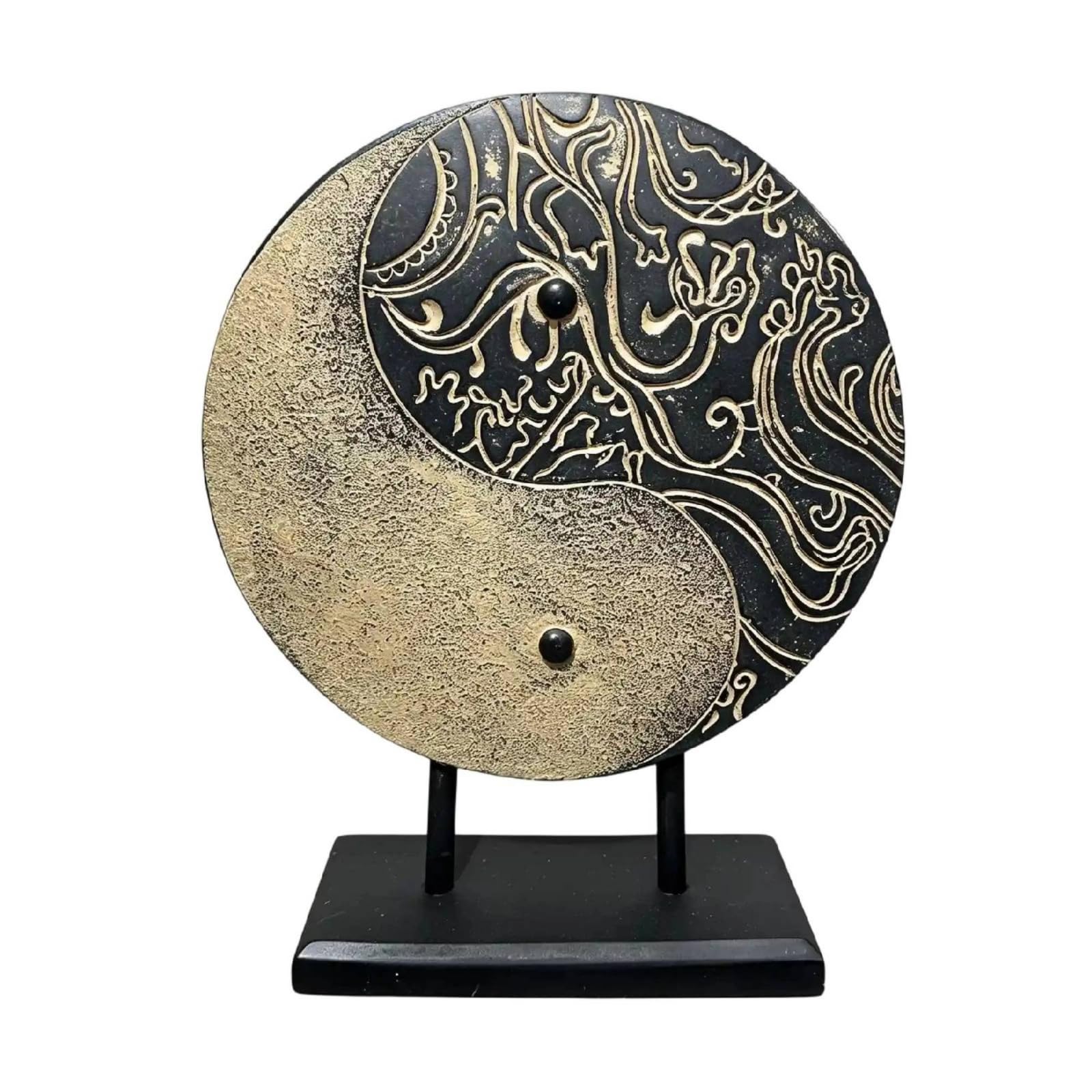 Colcolo Scultura Tai Decorazione da Tavolo Statuetta Yin Yang Arte Contemporanea Resina con Supporti Verticali Base Ebano Stabile Finitura Nera E Dorata