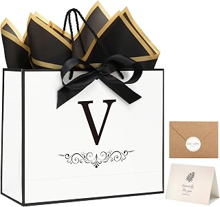 KeerxunBag personalized White Gift Bag First Letter V- A letter combination paper bag set with bow ribbons, wrapping paper, cards and envelopes, suitable for anyone's birthdays and weddings.(V)
