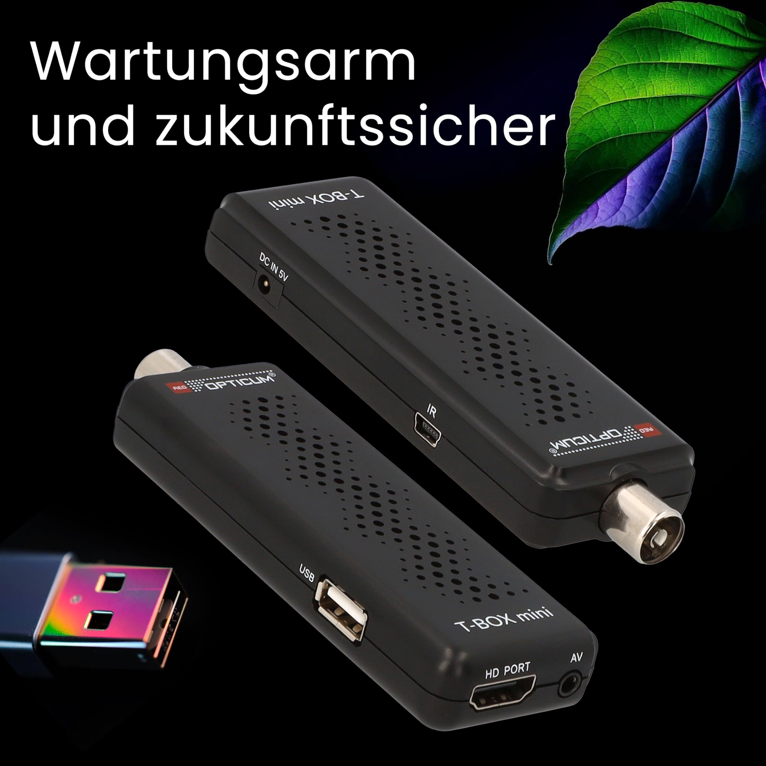 RED OPTICUM T-Box Mini DVB-T2/C Digital Full HD Receiver, H.265 HEVC, HDMI, USB 2.0, Schwarz, mit Fernbedienung, IR-Sensor, EPG, Teletext, PVR-Funktion, 115x37x17mm