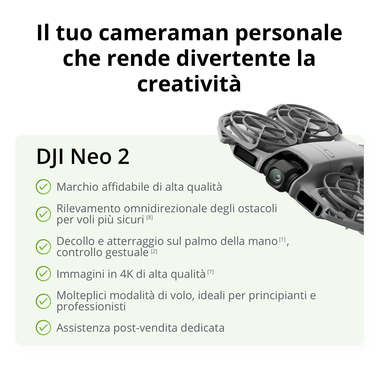 DJI Neo 2 (drone singolo), leggero e pieghevole, decollo e atterraggio dal palmo della mano, controllo con gesti, ActiveTrack, rilevamento omnidirezionale degli ostacoli, drone 4K per principianti