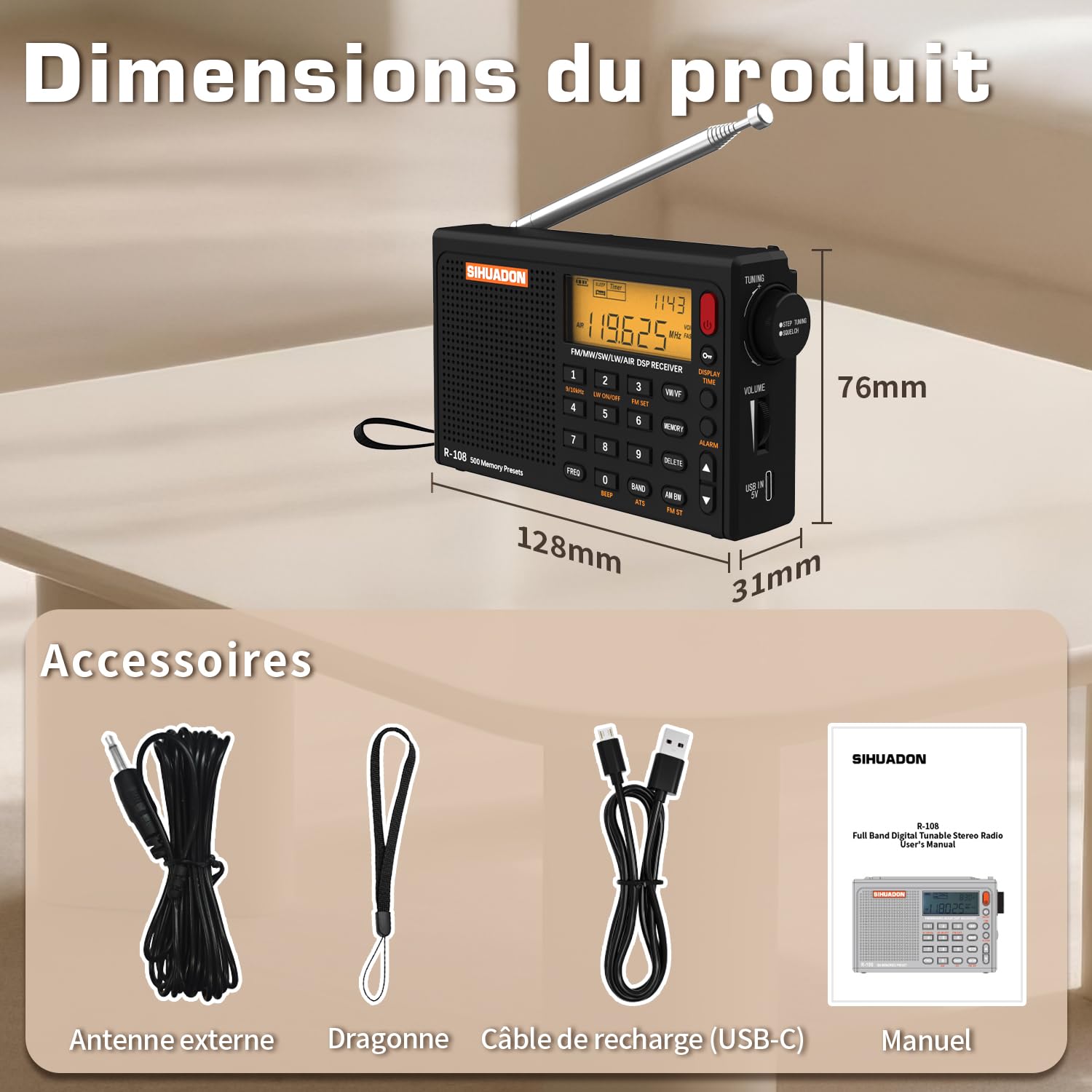 Radio Portable SIHUADON R108 FM AM MW SW Multibande Poste Radio à Ondes avec Affichage du Temps de Parole Fort RéTro-éClairage NuméRique Alarme Noir