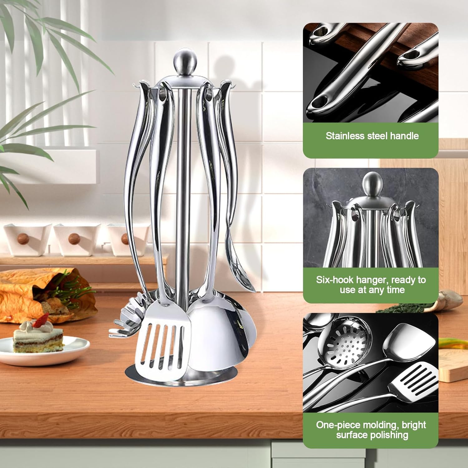 7-Piece Stainless Steel Kitchen Utensil Set with Rotating Holder, Kitchen Cooking Tools Including Spatula, Ladle, Turner, Skimmer, Pasta Server & Large Spoon