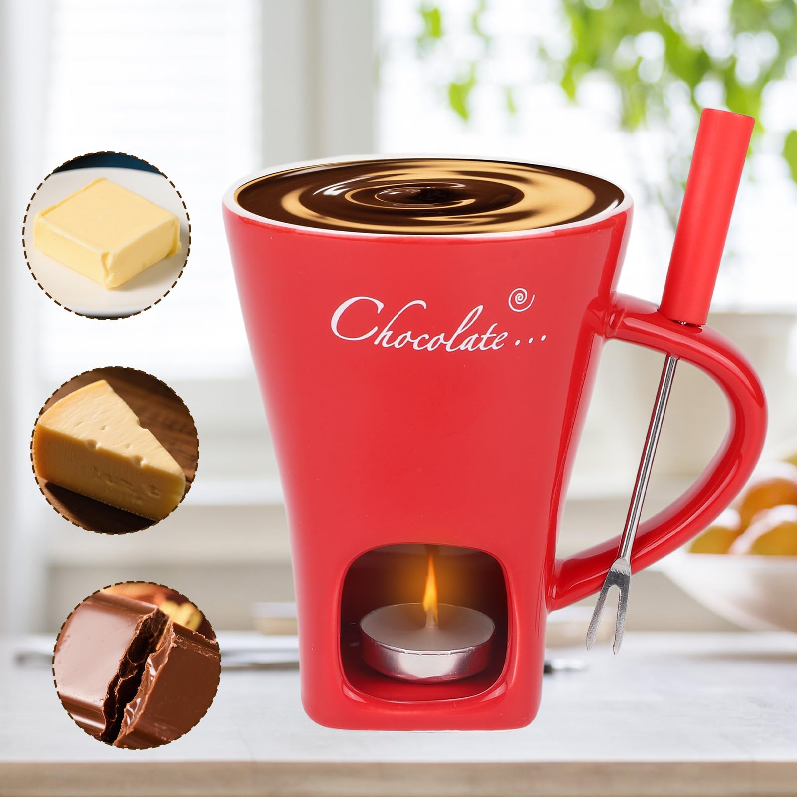 Juego Tazas para Fondue de Chocolate, Cerámica Mini Olla Fondue con Tenedor y Calentador de Velas Taza para Derretir Chocolate Ideal Postres Citas San Valentín Cumpleaños y Bodas (Rojo)