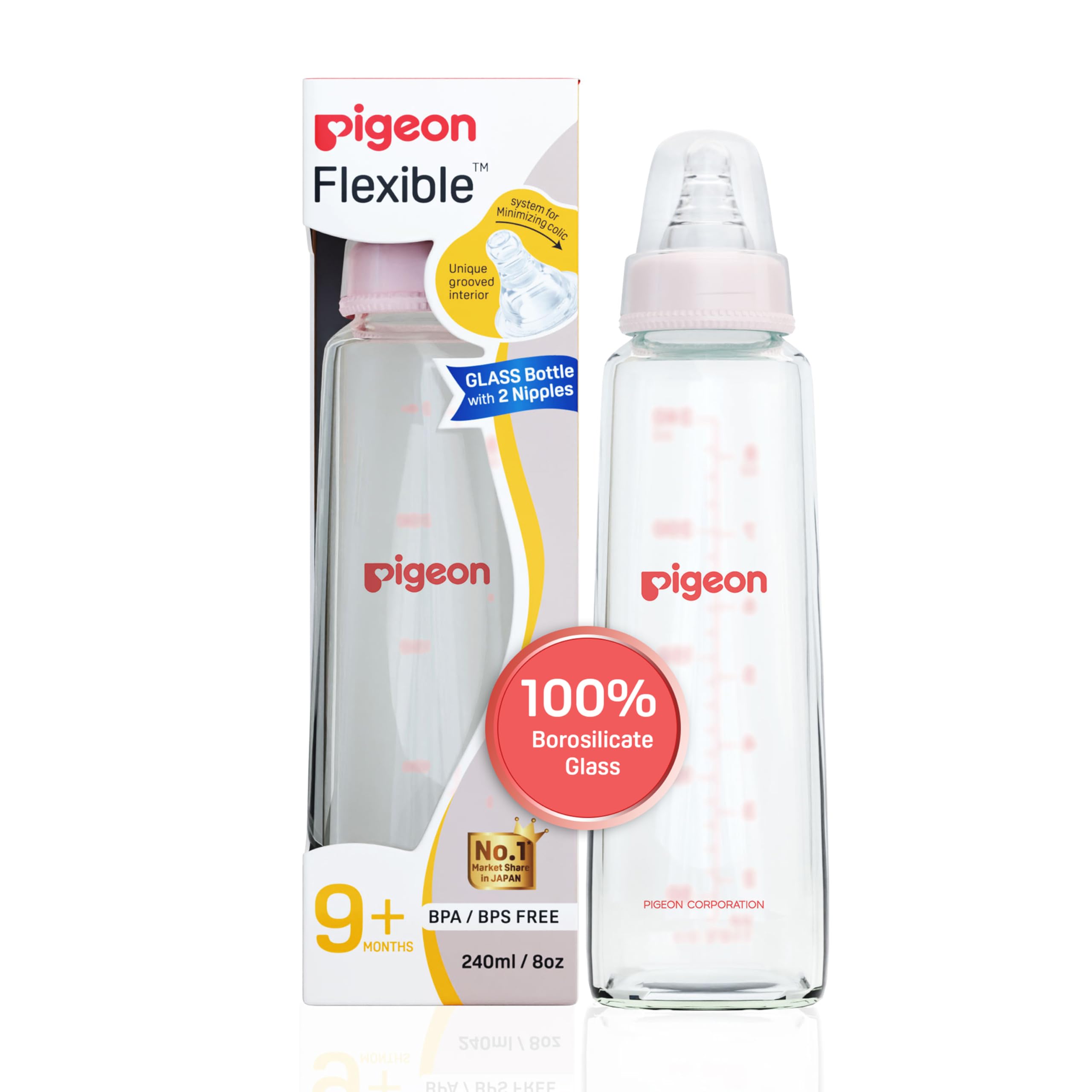 PIGEON Glass Feeding Bottle 240ML (Pink) with ADD Nipple L, Transparent-image-14