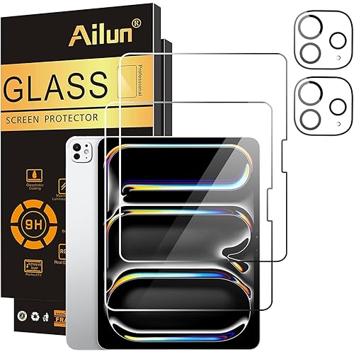 Ailun Screen Protector for iPad Pro 11 inch 2024 5th Generation 2 Pack + 2 Pack Camera Lens Protector,Tempered Glass 0.33mm,Face ID & Apple Pencil & Case Compatible [4 Pack]