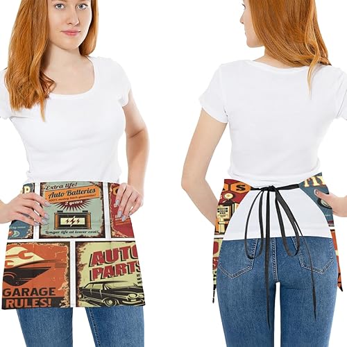 Miniatura 2 de Vintage Car Poster 3 Pack Server Aprons with 3 Pocket Waterproof Womens Half Waist Aprons for Cooking Dishwashing Kitchen Gardening Salon