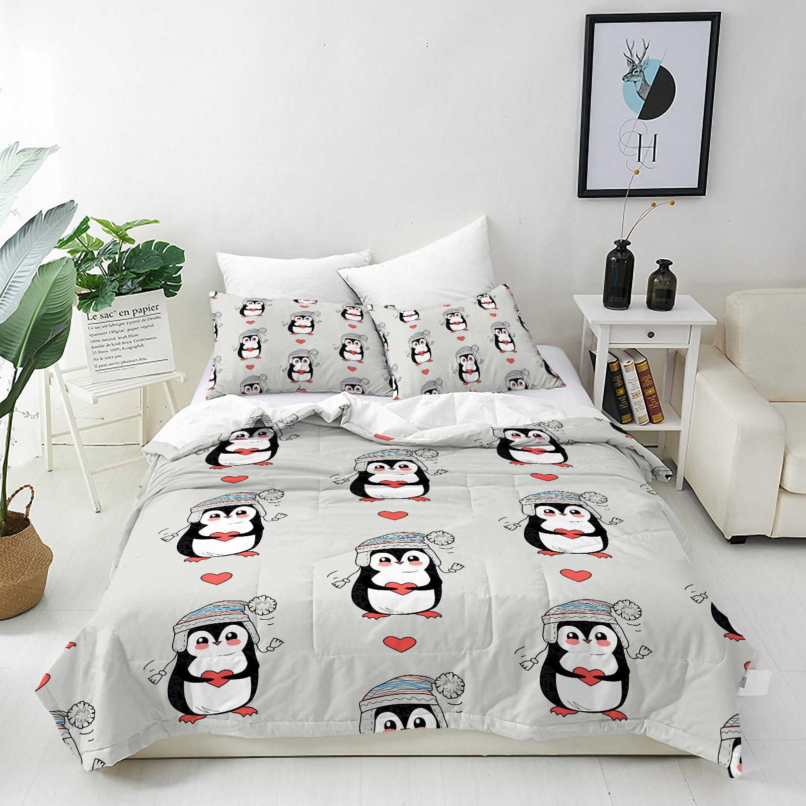 ANHOPE Custom Bedding Set Personalised Size Duvet Cover & Pillowcase Cute Cartoon Animal Penguin Printed Pattern Customized Quilt Cover for Kids Couple Family Birthday Wedding