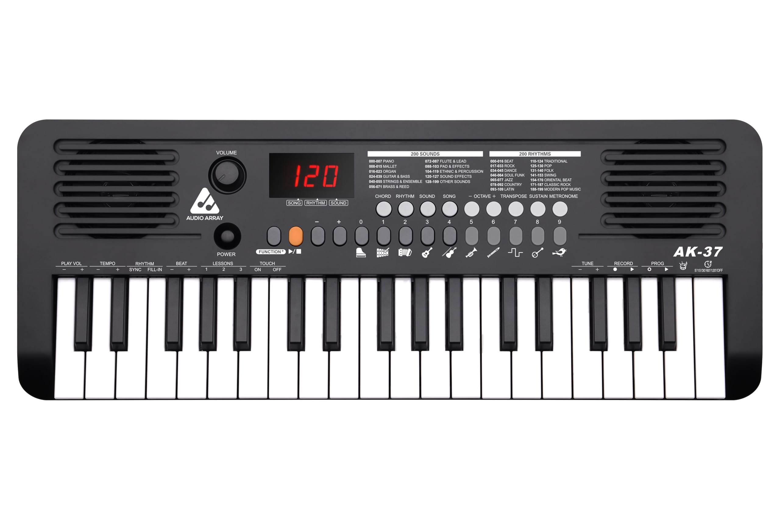 Audio Array AK-37 Black MIDI Keyboard 37 Velocity Sensitive Keys, Built-in Speakers, 200 Presets, Sustain & Touch, Tempo, Octave/Transpose/Tune, Master Volume Knob, LED Display BT AA & Type-C Power-image-39