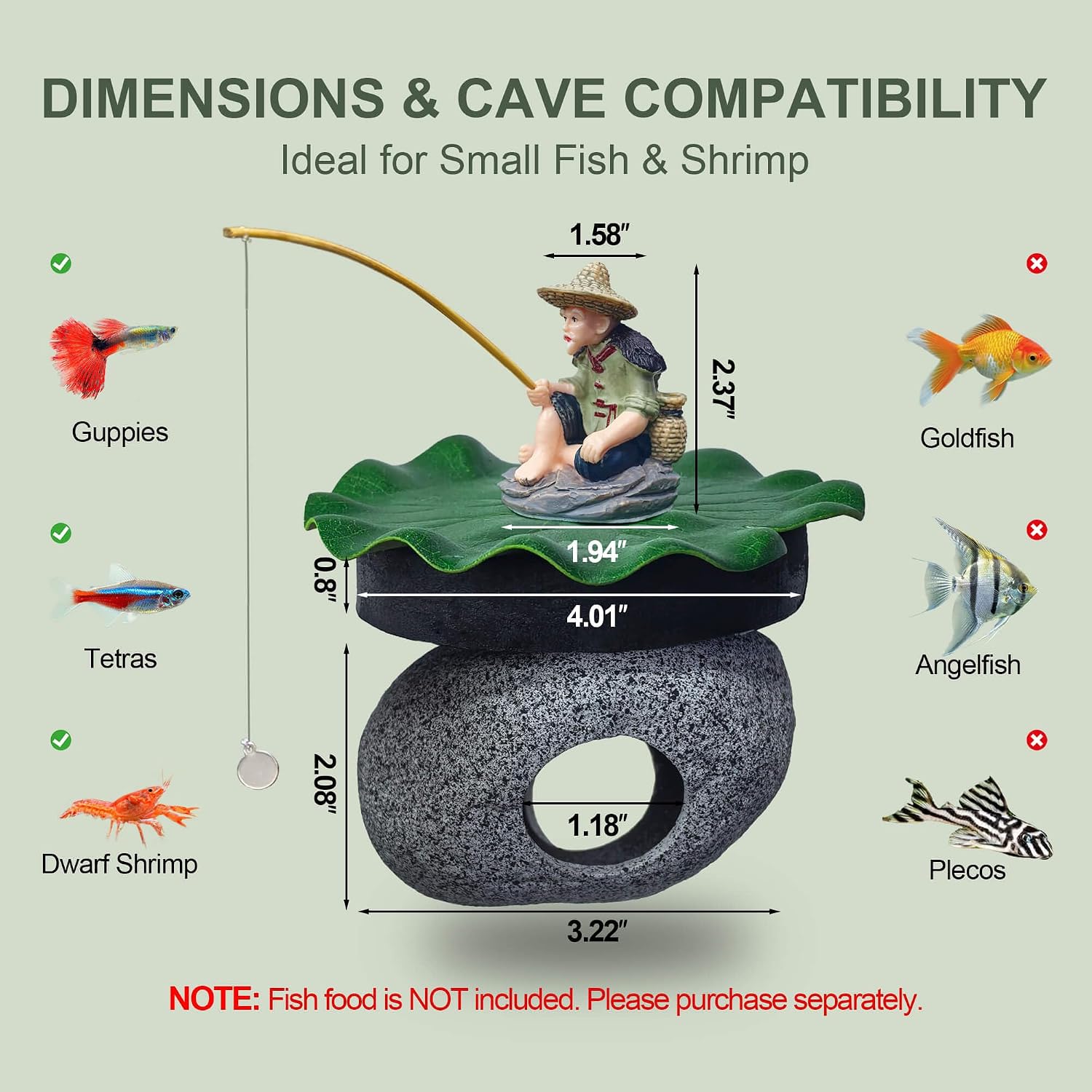 3-in-1 Floating Fish Tank Fisherman Decor, Lotus Pad & Betta Cave