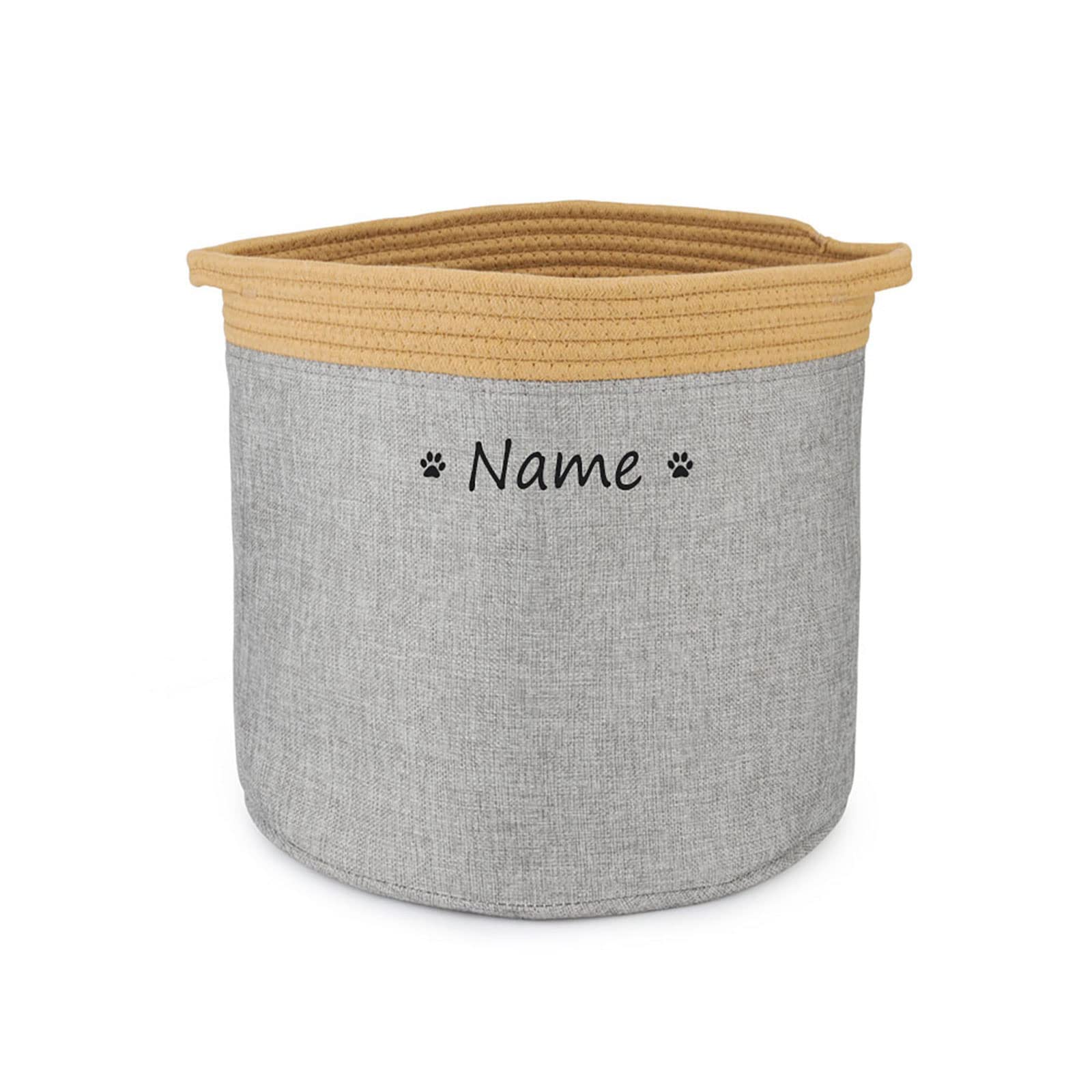 Cuperay Foldable Dog Storage Box with Woven Rope Handles, Personalised Name, Organizing Food, Clothes and Accessories (Yellow Gray)