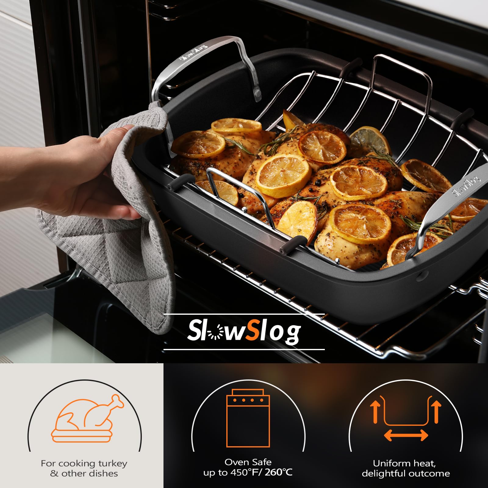 Asador de 17 x 13 pulgadas con estante extraíble, sartén antiadherente para asar pavo, carne y verduras (plateado) 2