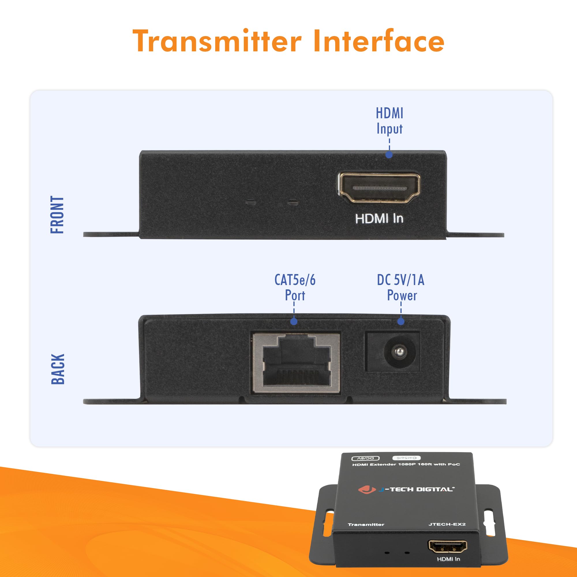 J-Tech Digital [JTECH-EX2] - Extender Ethernet HDMI 1080P 60Hz su singolo cavo Ethernet Cat5e/6/7 fino a 48,8 m, supporta PoC (Power Over Cable) audio digitale 3D Deep Color Zero perdita di segnale