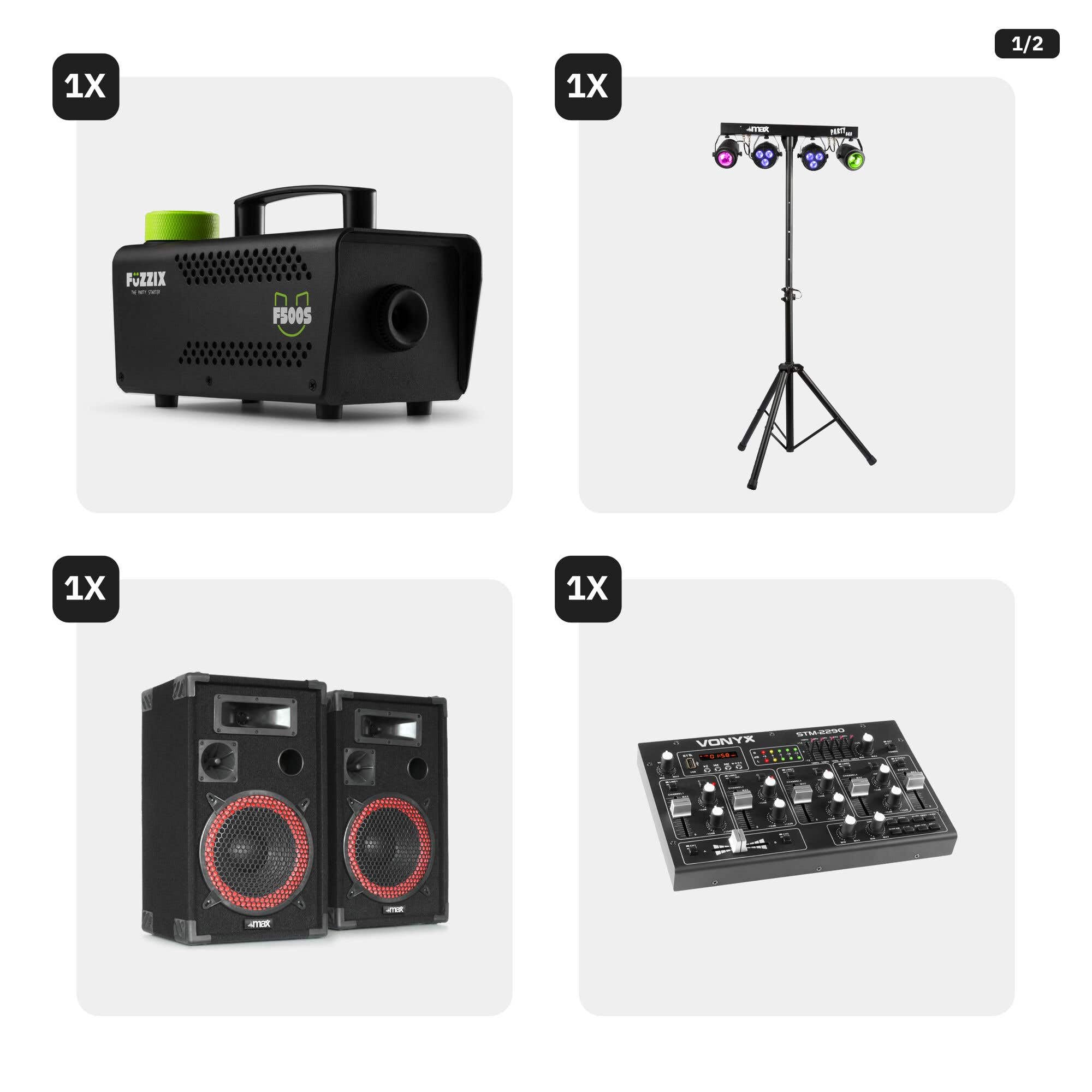 MAX DJ Komplettanlage 500W mit Bluetooth DJ Mixer, 2 Lautsprechern, Lichtanlage & Nebelmaschine – DJ Set für Einsteiger, Gartenparty, Geburtstag, Plug & Play