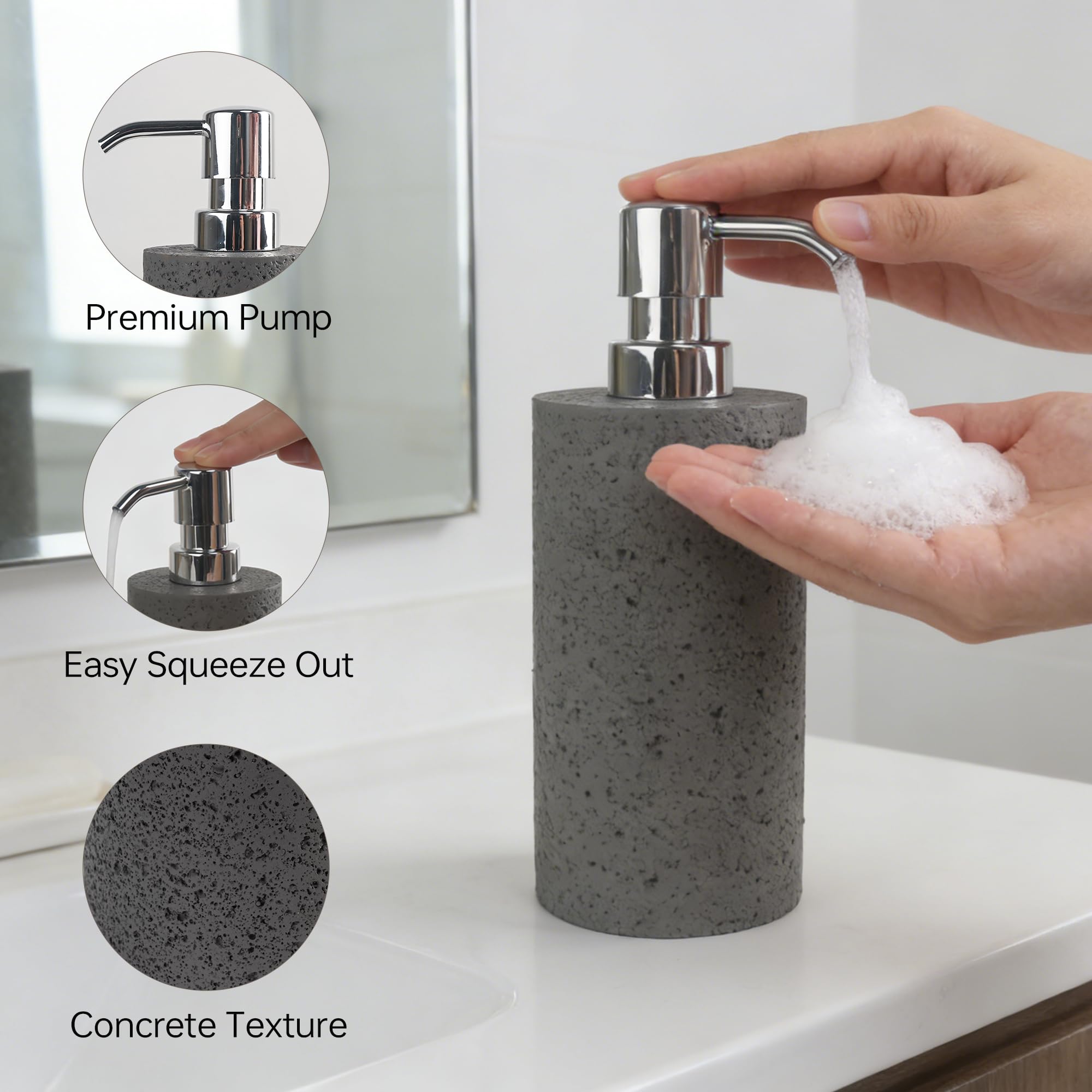 Set de Baño de 6 Piezas - Juego Accesorios Baño con Dispensador de Jabón, 2 Soportes para Hisopos, Soporte para Cepillo de Dientes, Vaso de Baño y Bandeja de Tocador - Poliresina, Aspecto Gris