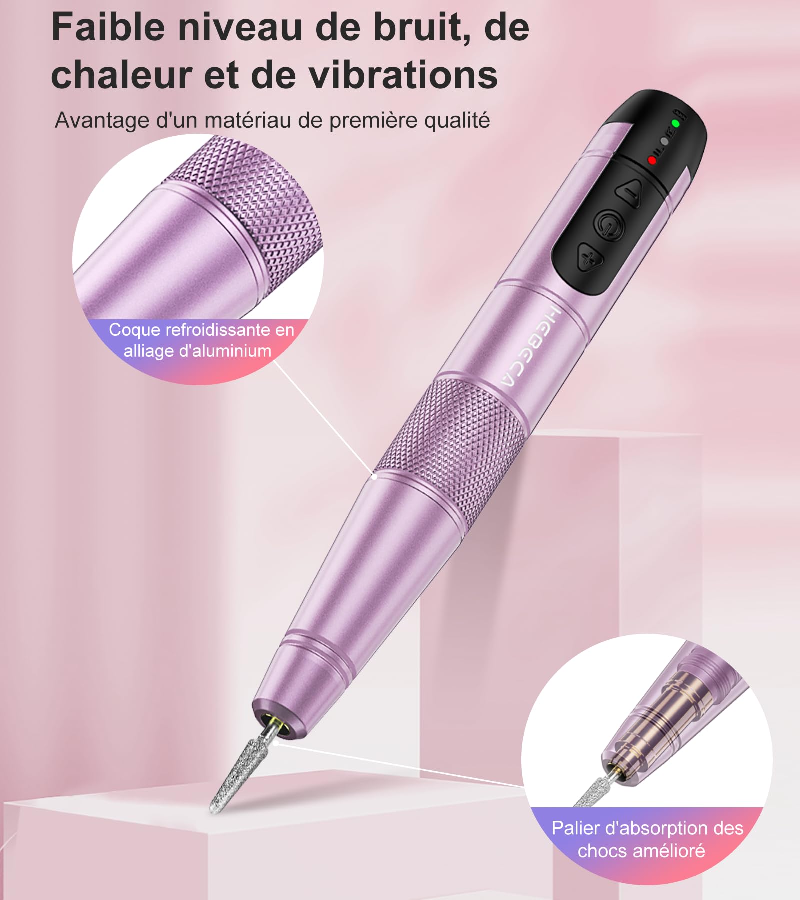 HEBECA Ponceuse pour ongles professionnel - 20000RPM Lime a Ongle Electrique Portable - Ponceuse Ongles sans fil Kit complet de Manucure et Pédicure Polyvalence (Rose)