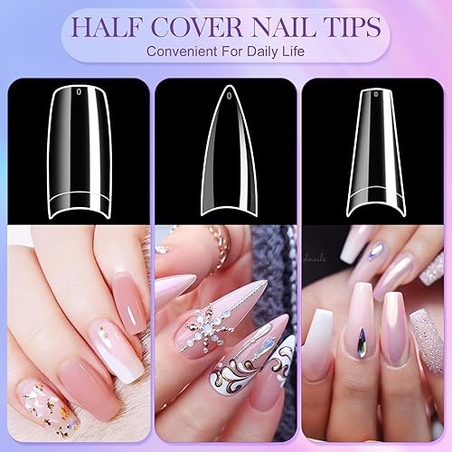 Miniatura 4 de krofaue Kit de 3 estilos de puntas de uñas postizas  340 piezas de puntas de uñas transparentes estilo ataúd, uñas francesas de aguja de media