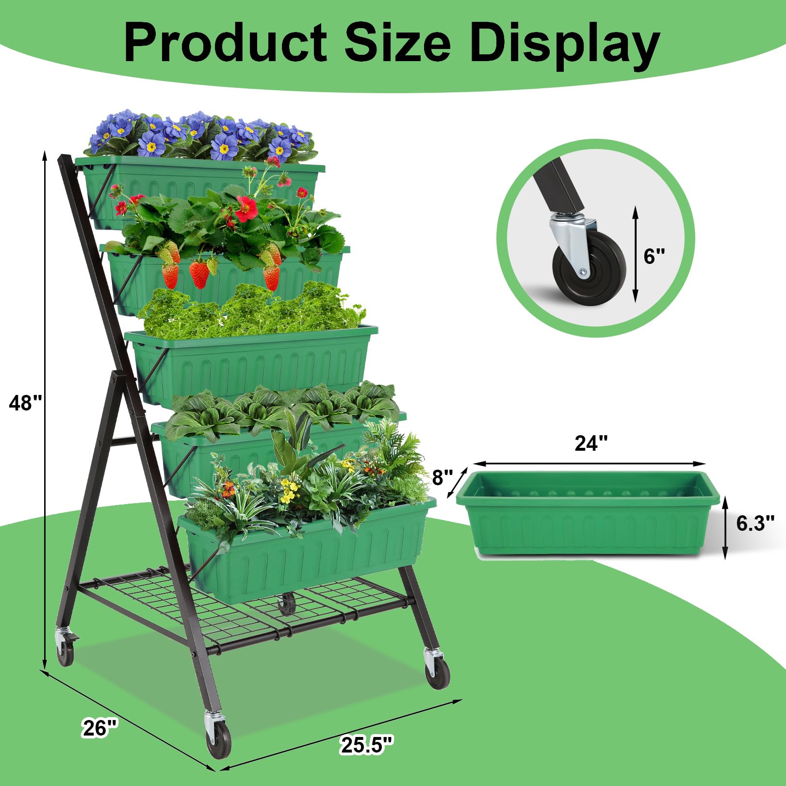 Homdox 4FT Vertical Garden Bed, 5 Tiers Vertical Raised Garden Planter, 25.6 * 26 * 48Inch Garden Raised Bed with 4 Hooks & 4 Wheels, Vegetable Flower Planter Raised Stand, Green with Storage Rack