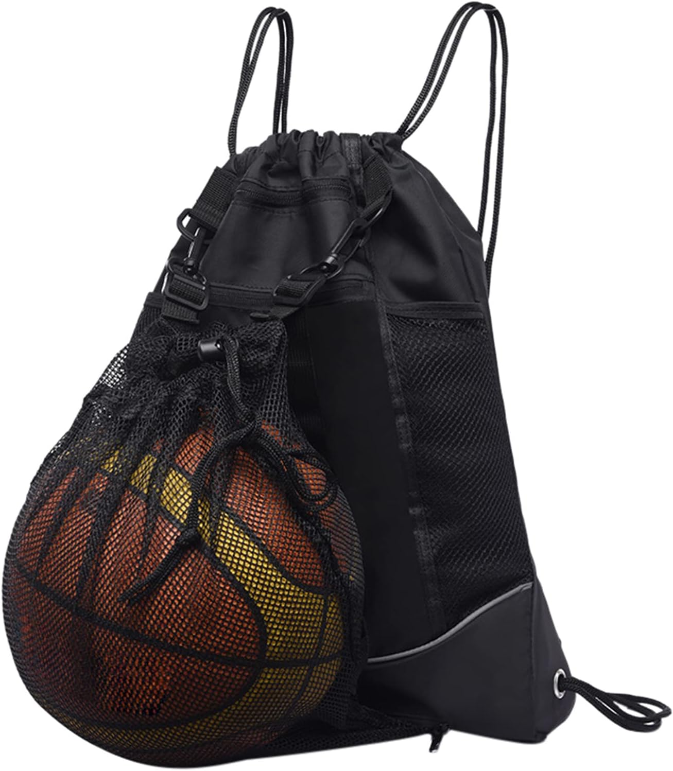 Funito Drawstring Basketball Backpack for Boys, Foldable Soccer Backpack Gym Bag Sackpack Sports Sack with Detachable Ball Mesh Bag for Volleyball Baseball Yoga, Black
