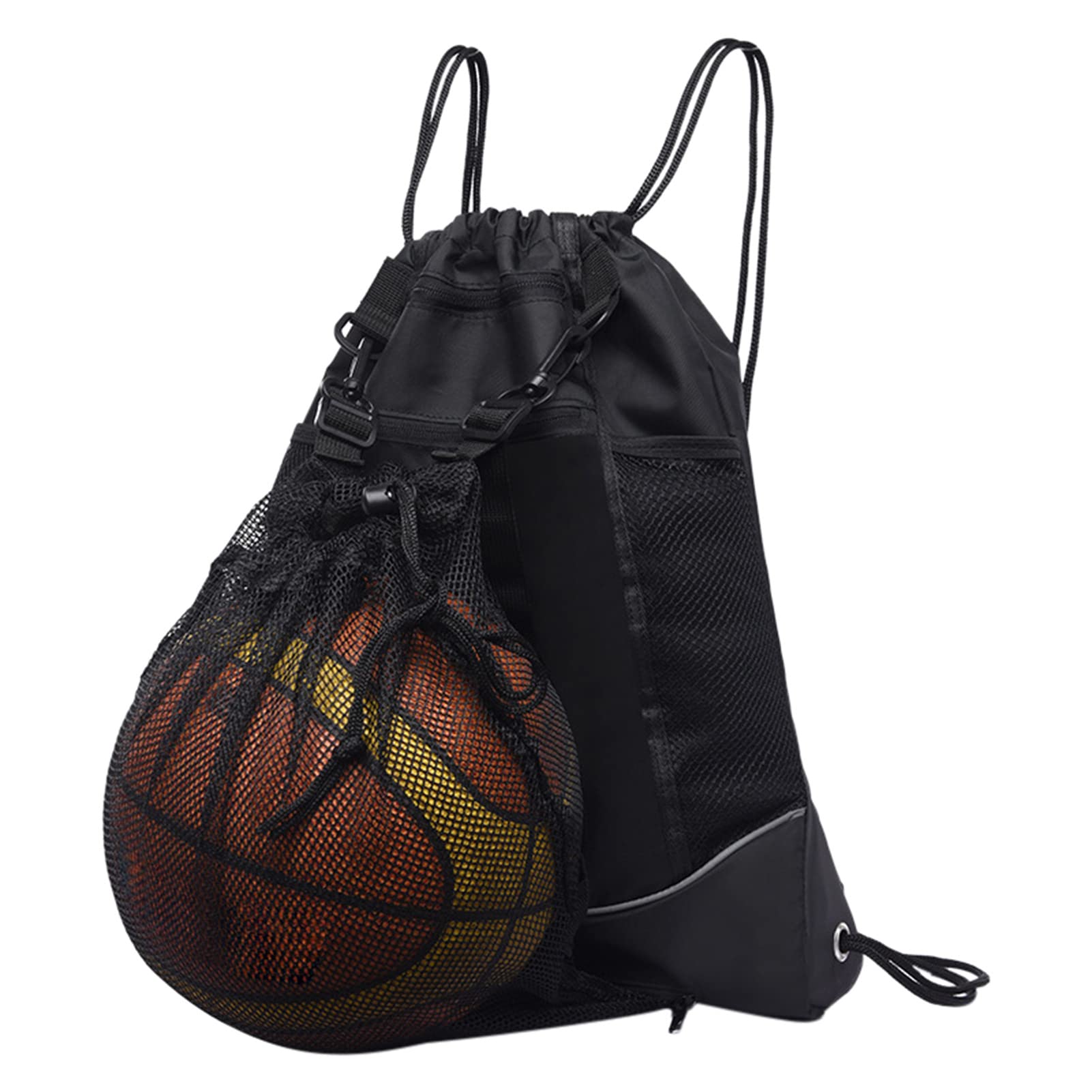 Funito Drawstring Basketball Backpack for Boys, Foldable Soccer Backpack Gym Bag Sackpack Sports Sack with Detachable Ball Mesh Bag for Volleyball Baseball Yoga, Black