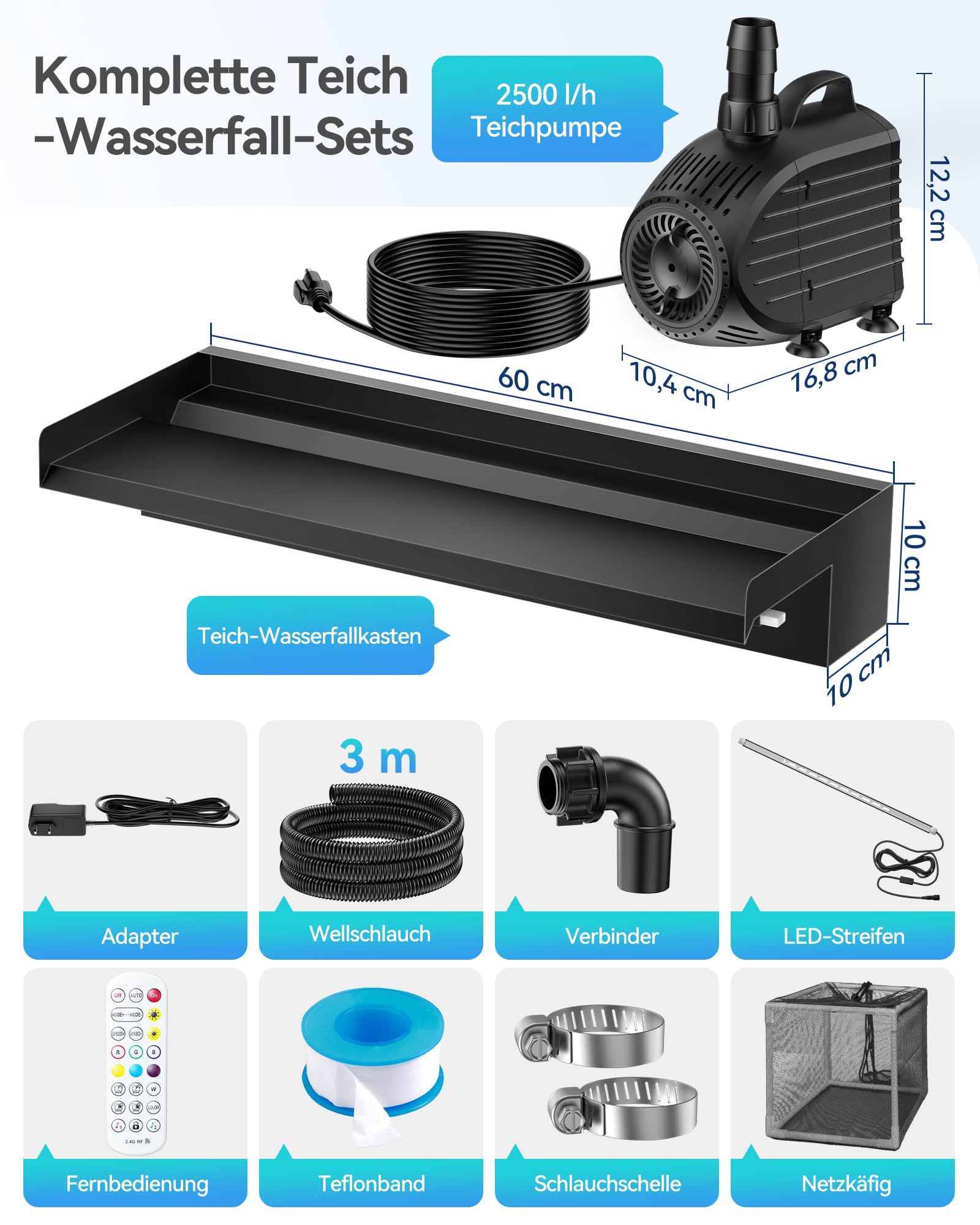POPOSOAP Kit de Cascada para Estanque, Desagüe de Acero Inoxidable 60cm, Bomba de Agua 4500 L/h, Luces LED con Mando a Distancia y Tubo Corrugado 3m, Adecuado para Estanques Exteriores hasta 12 m²