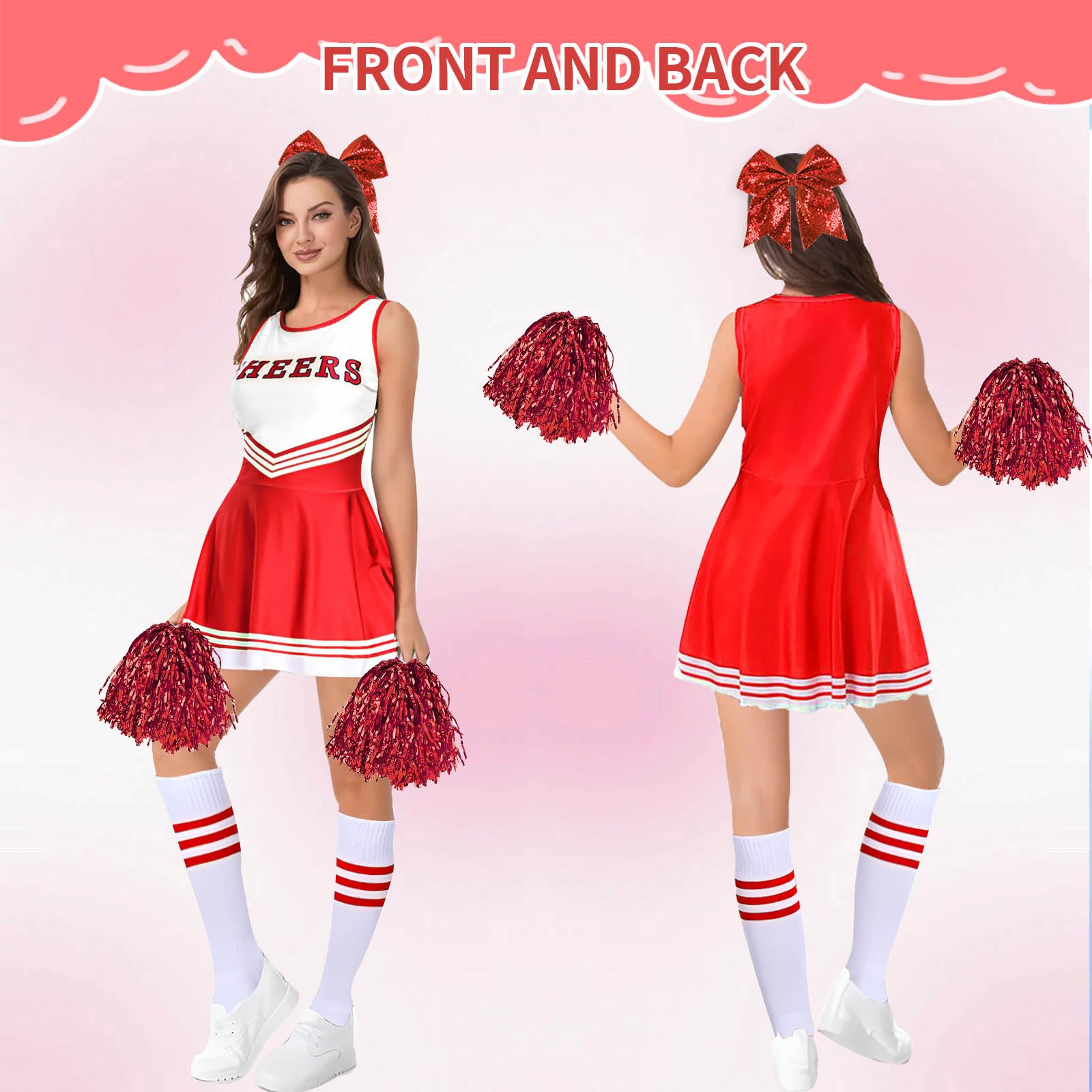 GUBOOM Vestito Cheerleader Costume, Cheerleader Costume Donna Con Pompon, Calzini, Fascia, Vestito Cheerleader per Feste a Tema Carnevale Cosplay in Maschera