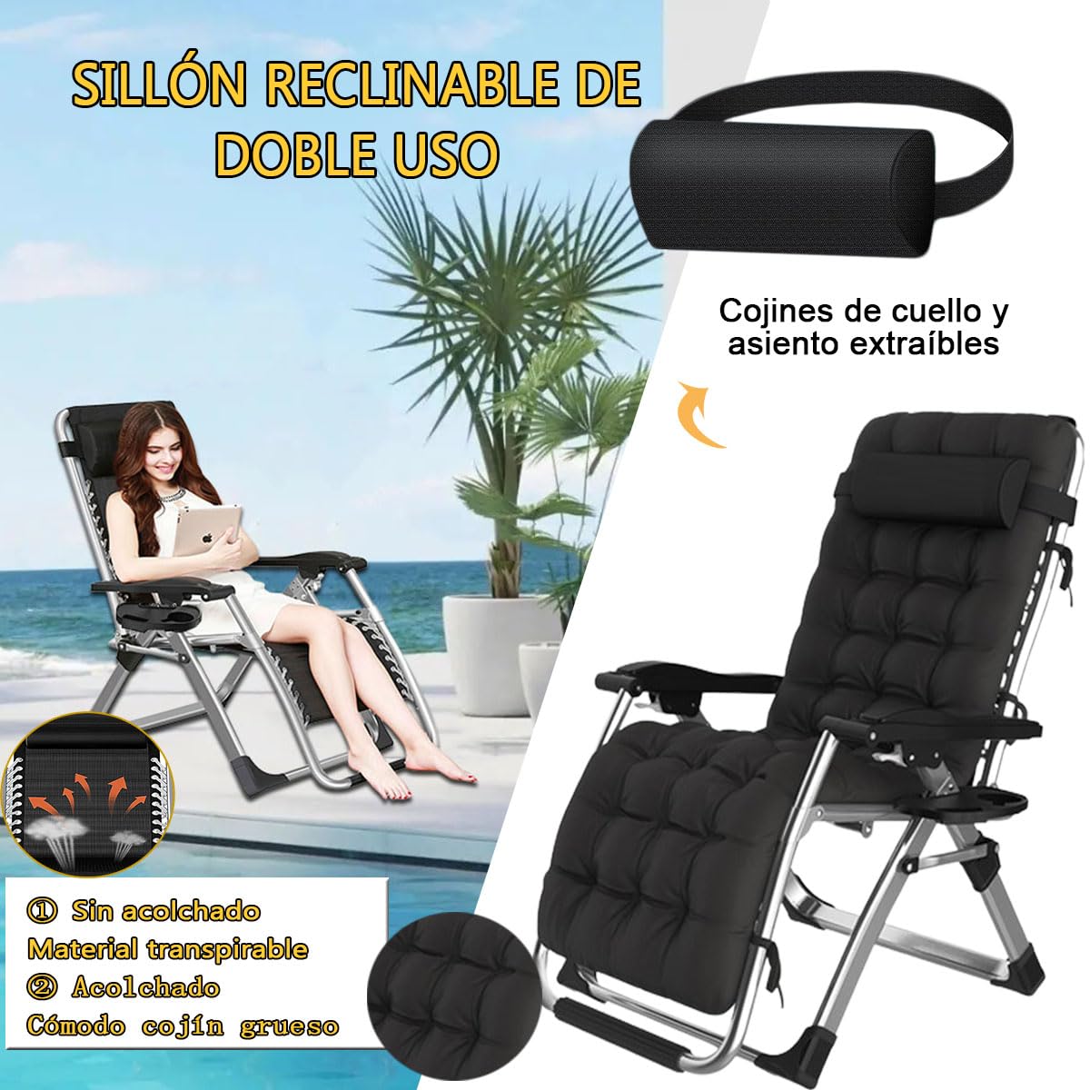 Tumbona Plegable Interior, Tumbonas Jardin Exterior Acolchada Pack de 2 Silla Gravedad Cero Reclinable Camping con Soporte para Bebidas Carga MáXima 200kg (Cojín Negro)
