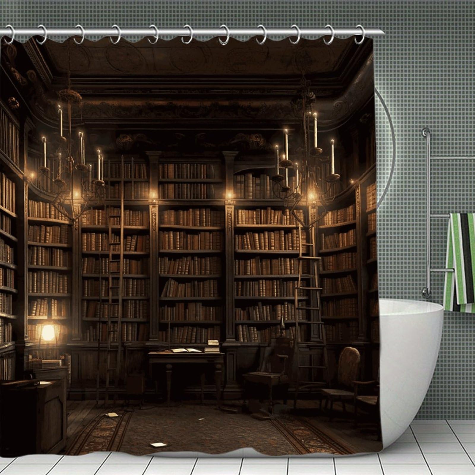 VstaDank Book Room Mysterious Library Shower Curtain Light-Weight Blackout Bathroom Curtain Washable Shower Liner 71x71 Inch Bath Curtain with Metal Holes Bathtub Bath Room