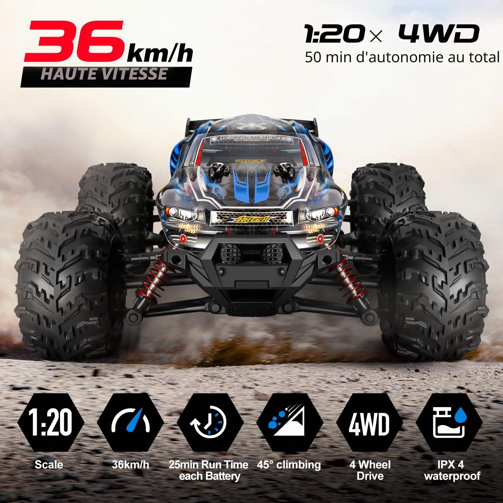 YONCHER YC100 Voiture Télécommandée Tout Terrain, 1:20 4WD 36km/h RC Voiture, Camion Telecommande à Grande Vitesse, 2.4GHz Crawlers RC avec 2 Piles 50min+ Temps de Jeu pour Adultes Enfants