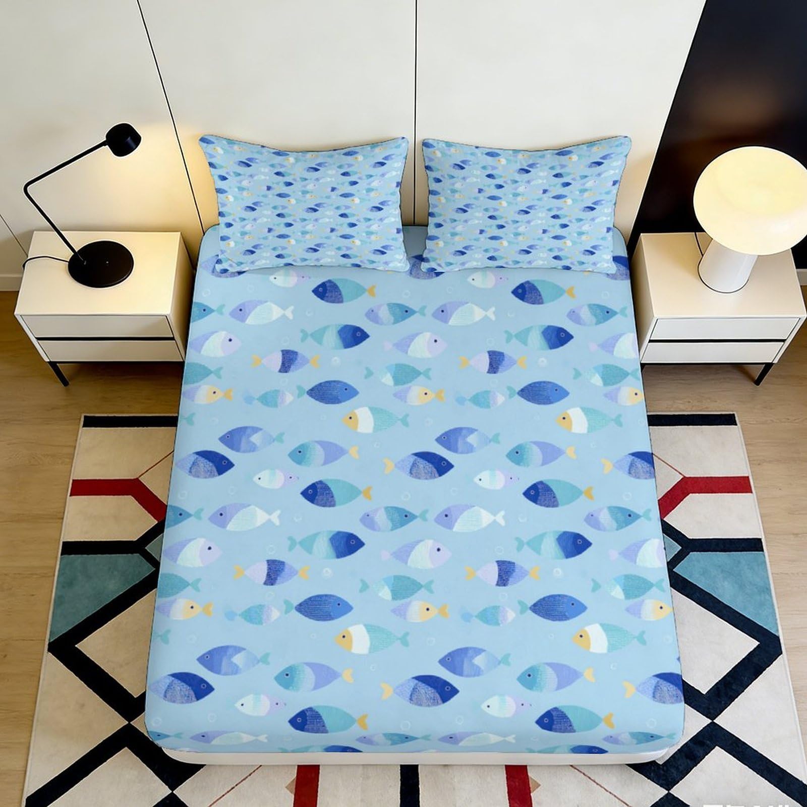 3D Printed Ocean Fish Fitted Sheet Microfiber Soft Blue Mattress Cover for Bedroom Dorm Home Decor Protection 90x200x25cm
