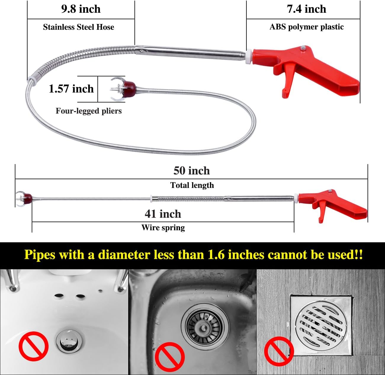 50 Inch Toilet Snake Drain Auger Cleaner Tool, Upgraded Grabber Unclogger Tool, Toilet Auger Clog Remover Tool, Stainless Steel Telescoping Rod for Pick/Grab Objects Clogged in Toilet Pipes/Drain