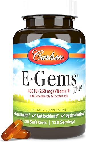Carlson - E-Gems Elite, 400 UI (268 mg) de vitamina E con tocoferoles y tocotrienoles, fuente natural, cápsulas de vitamina E, salud cardíaca y