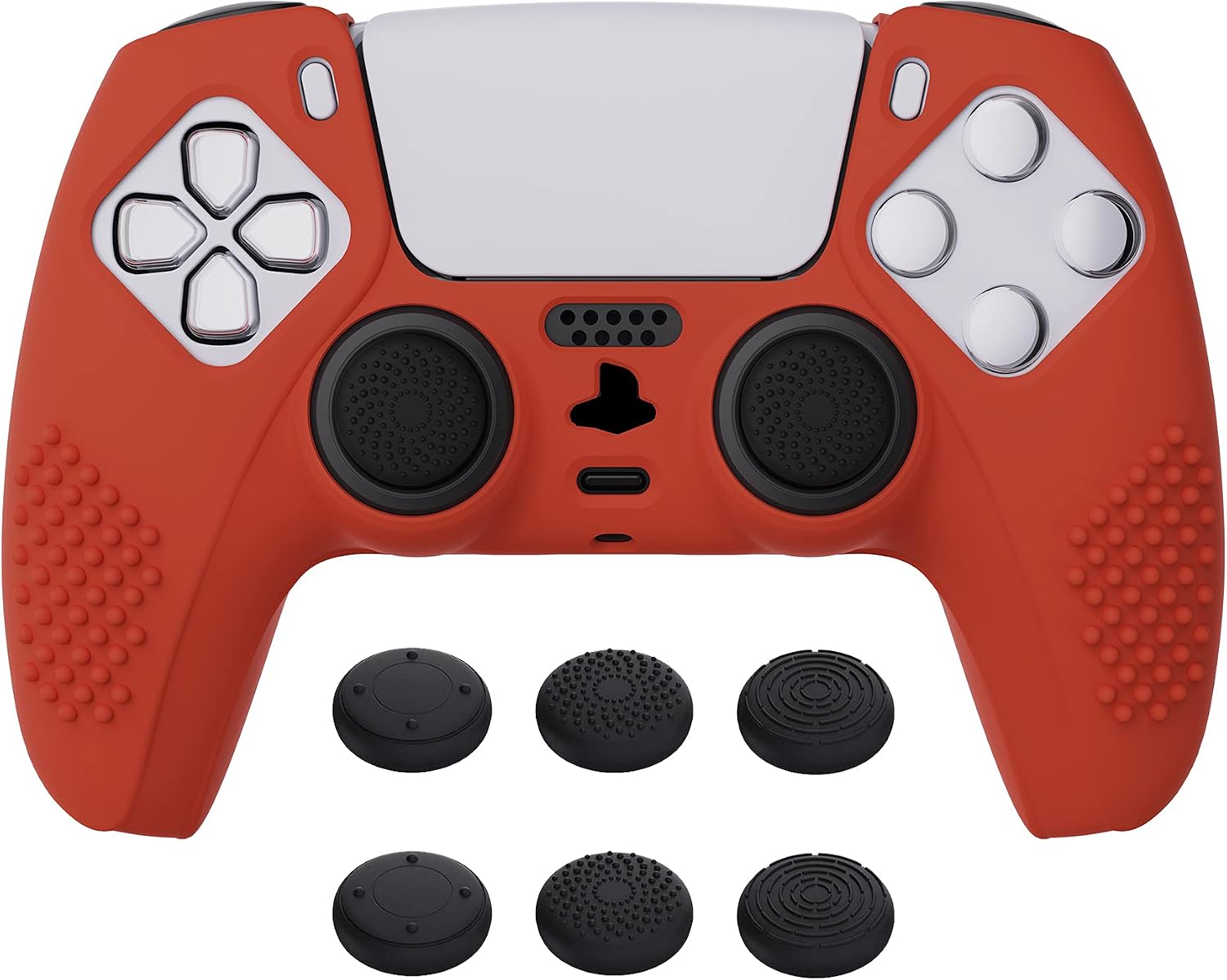 eXtremeRate PlayVital Passion Red 3D Studded Edition Anti-Slip Silicone Cover Skin for ps5 Controller, Soft Rubber Case for ps5 Wireless Controller with 6 Black Thumb Grip Caps